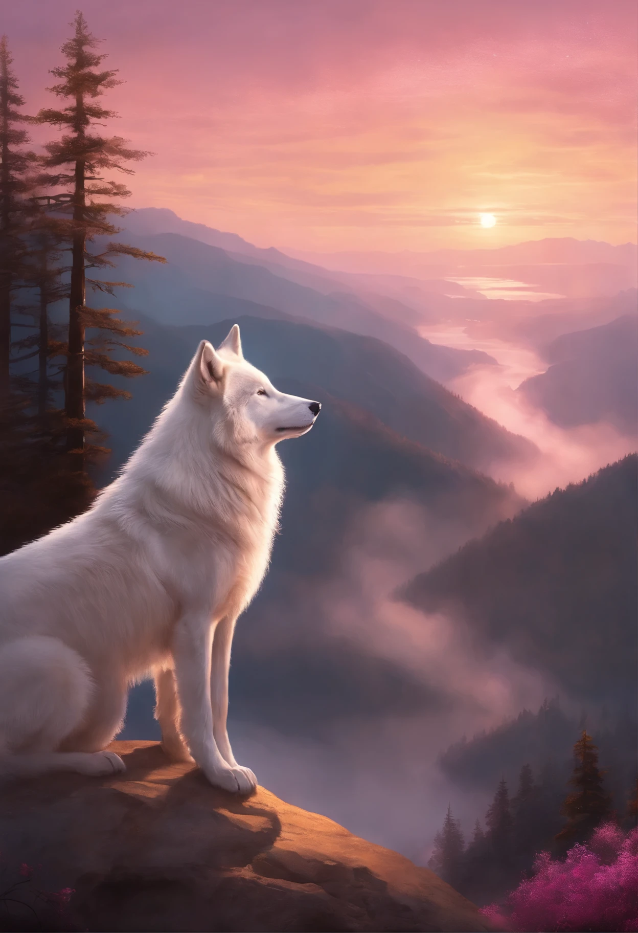 A captivating scene featuring a beautiful girl and a majestic white wolf standing on a cliff overlooking a vast, mist-covered valley below, the first light of dawn painting the sky in hues of pink and gold, creating a sense of awe and wonder, Illustration
