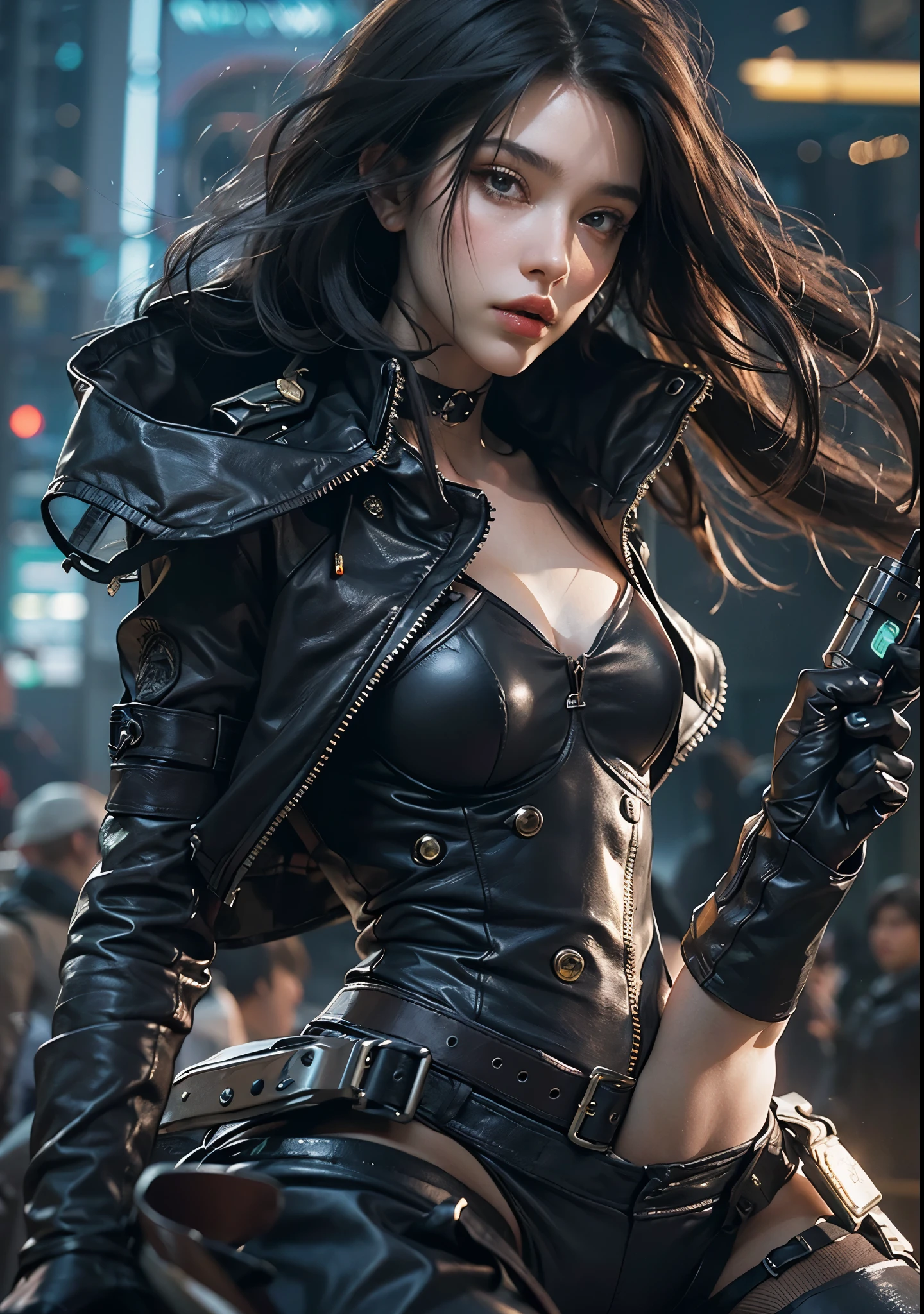 Huntress riding a high-tech motorcycle, Shoot high-tech artillery, Sparks from the gun, (1 female, brown eyes, white skin, Twin-tailed black hair, choker, small breasts, skinny, lip whole, compensate, eyeliner, Russia), Wearing black one-piece leather armor, Long leather gloves, long Leather boots, In a cyberpunk town at night,  (cyberpunk theme), (masterpiece, highest quality, 8K, sharp focus, Depth of bounds written, best shadows, perfect light, HDR, realistic skin texture, Ultra-detailed and detailed background), wide shot