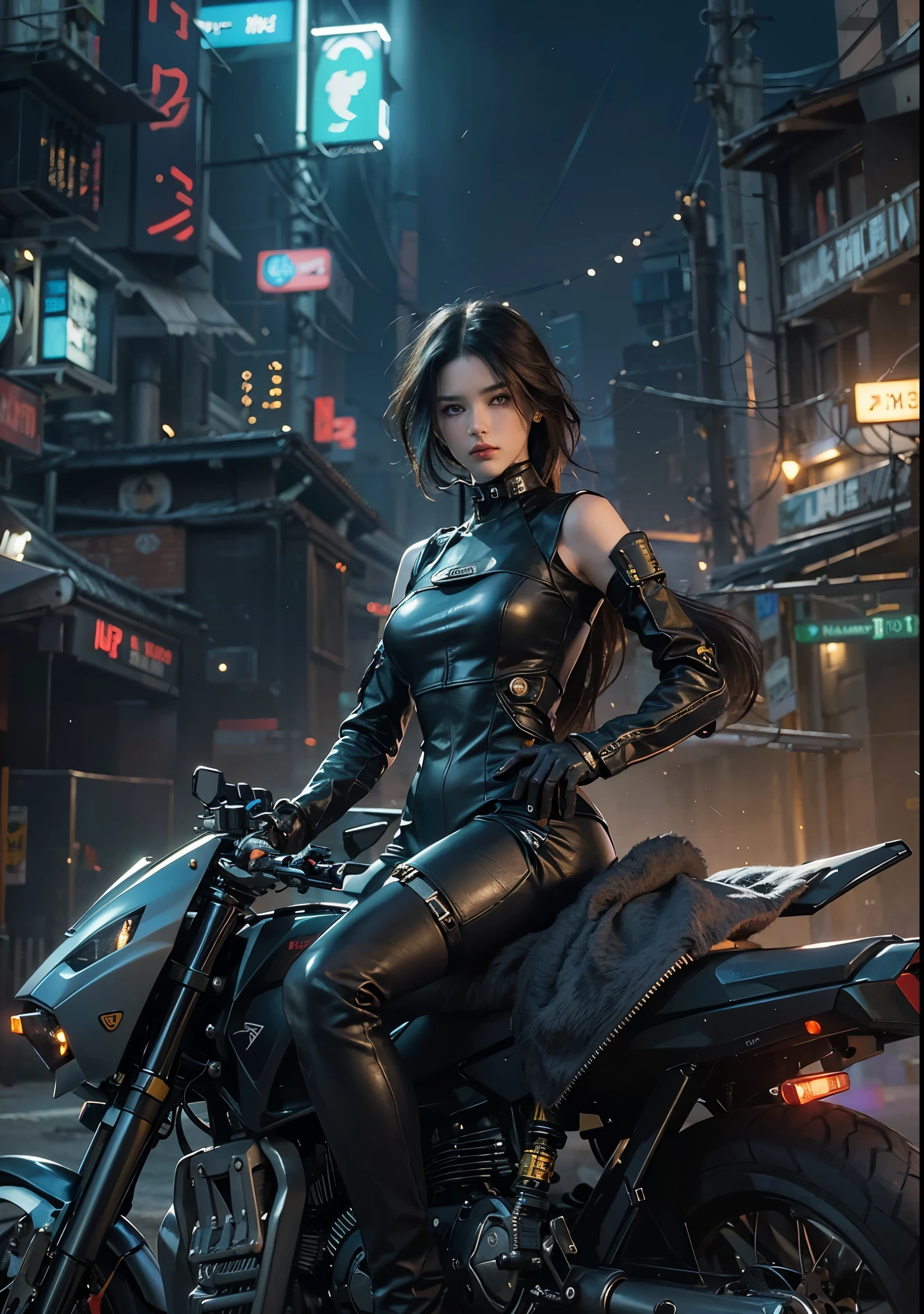 Huntress riding a high-tech motorcycle, Shoot high-tech artillery, Sparks from the gun, (1 female, brown eyes, white skin, Twin-tailed black hair, choker, small breasts, skinny, lip whole, compensate, eyeliner, Russia), Wearing black one-piece leather armor, Long leather gloves, long Leather boots, In a cyberpunk town at night, (cyberpunk theme), (masterpiece, highest quality, 8K, sharp focus, Depth of bounds written, best shadows, perfect light, HDR, realistic skin texture, Ultra-detailed and detailed background), wide shot