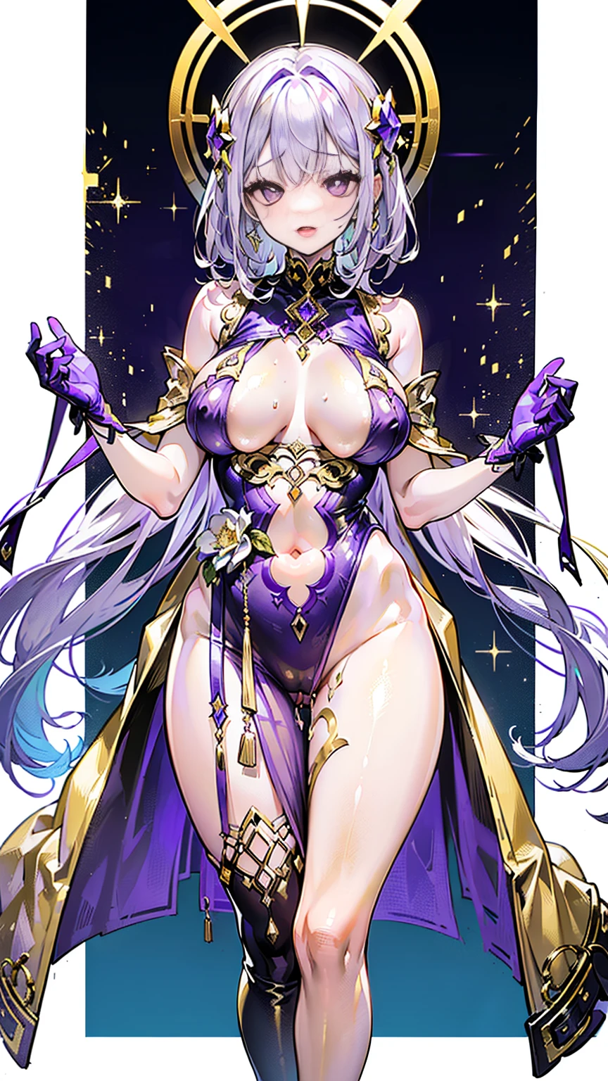 (Wearing transparent purple and gold clothing:1.5),Beautiful girl in official dress,The hair whiong white hair,red pupils,A slim waist does not show off the figure,(exposed Breasts:1.3),high quality,(see-through clothing:1.3),(Conspicuous nipples :1.1),(Conspicuous Vagina :1.2),(Orgasm:1.3)