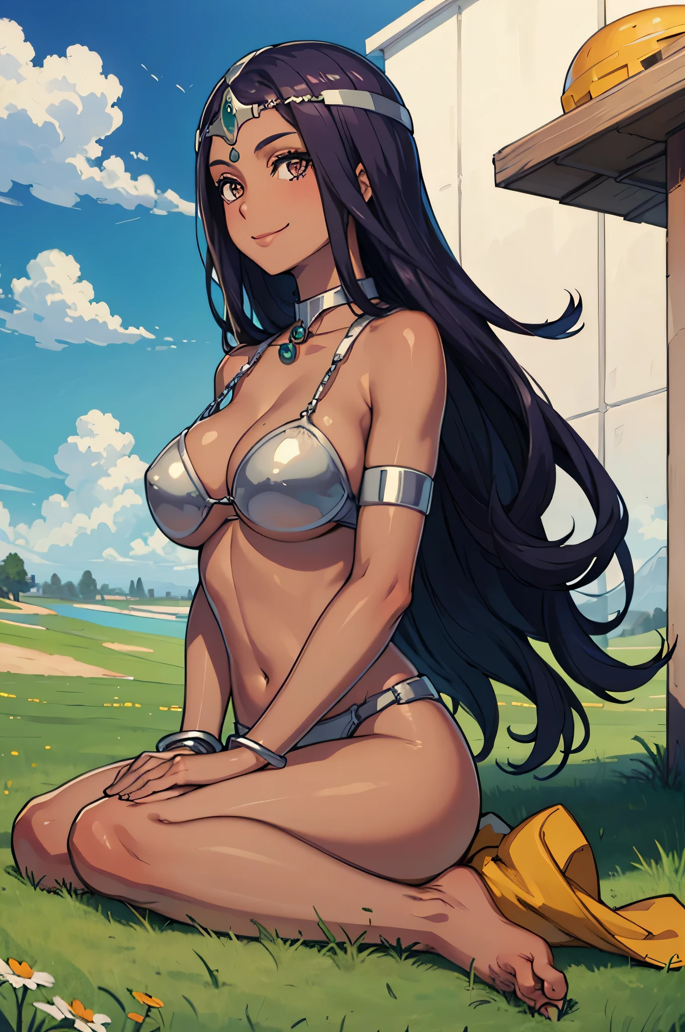 masterpiece, best quality, Decmania, circus, collar, bracelet, armband, bikini, Ren Baolin, Smile, looking at the audience, Place, Sky, cloud, grassland, Everlasting, Tanned, sitting, barefoot, , sunburned