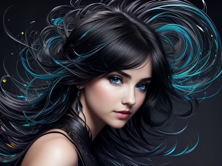 Colorful beautiful girl: 28-years old, messy hair, oil painting, nice perfect face with soft skin, nice perfect face, blue yellow colors, light purple and violet additions, light red additions, intricate detail, splash screen, 8k resolution, masterpiece, cute face,artstation digital painting smooth veryBlack ink flow: 8k resolution photorealistic masterpiece: intricately detailed fluid gouache painting: by Jean Baptiste Mongue: calligraphy: acrylic: watercolor art, professional photography, natural lighting, volumetric lighting maximalist photoillustration: by marton bobzert:, complex, elegant, expansive, fantastical, wavy hair, vibrant, Best quality details, realistic, High definition, High quality texture, epic lighting, Cinematic film still, 8k, soft lighting, anime style, masterful playing card border, random Colorful art, oil painting, blue yellow colors, light purple and violet additions, light red additions, intricate detail, splash screen, 8k resolution, masterpiece, artstation digital painting smooth veryBlack ink flow: 8k resolution photorealistic masterpiece: intricately detailed fluid gouache painting: by Jean Baptiste Mongue: calligraphy: acrylic: watercolor art, professional photography, natural lighting, volumetric lighting maximalist photoillustration: by marton bobzert:, complex, elegant, expansive, fantastical, vibrant, ((dark plain black background:1.4))