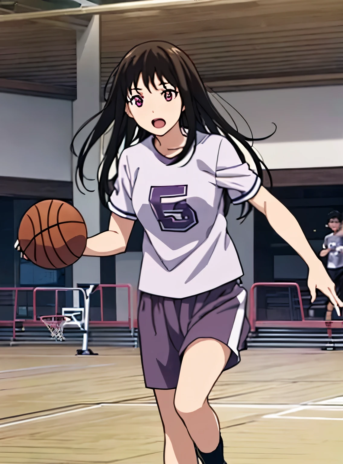 1girl, black hair, open mouth :D, medium breast, gym short sleeve white shirt, gym shorts, cute, indoors, basketball court, gymnasium, cinematic angel, running, dribbling with basketball, perfect anatomy