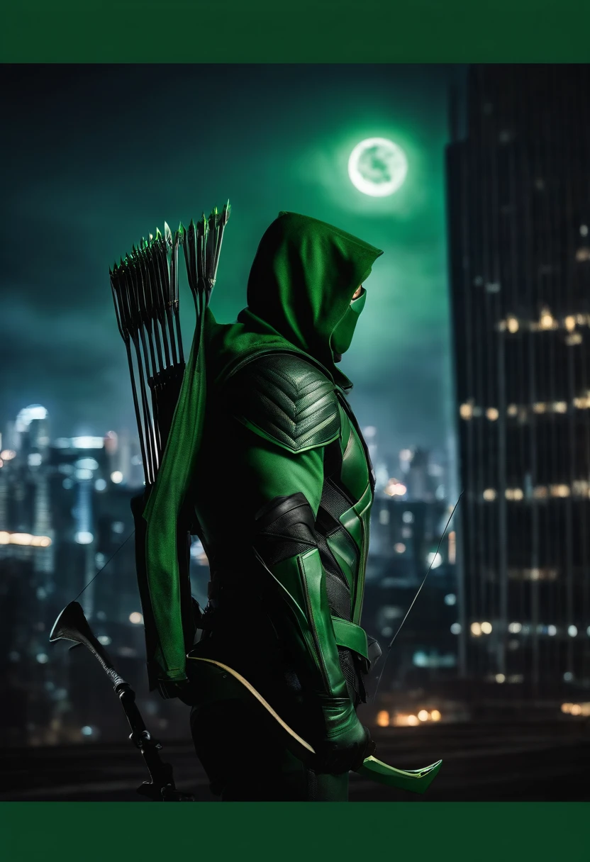 Green arrow superhero, Tall building, big moon, city lights, bike, Villain, bow and arrow, evil eye. Hyper-detailed, best quality, ultra-high resolution, HDR, 8K