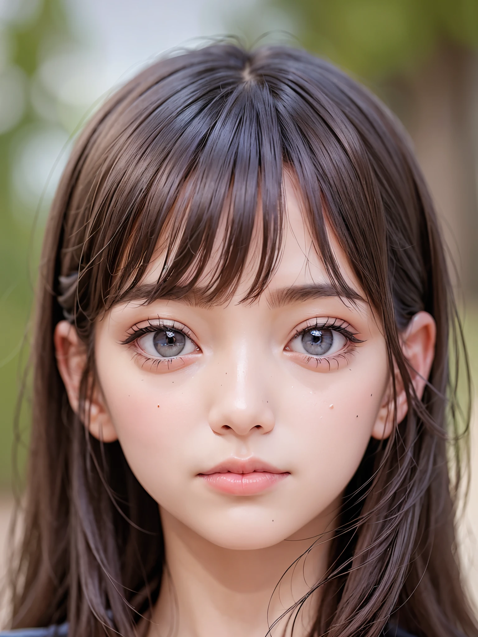 masterpiece、highest quality、Highest image quality、Super high quality、18 year old girl、Cute detailed girl、highly detailed eyes and face、Cute detailed face、Well-proportioned face、perfect skin、beautiful lips、look at me、face is facing forward、Japanese、japanese goddess、black hair、bangs、round face、black eyes、perfect description、Describe only the face、portrait