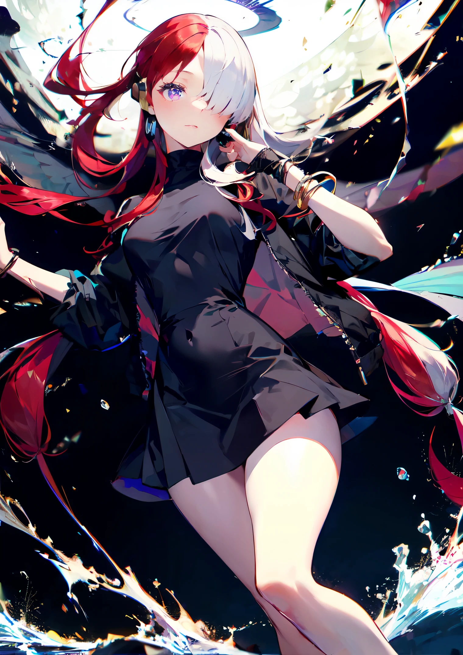 masterpiece, best quality, highres, 1girl, split-color hair, hair over one eye, red hair, multicolored hair, long hair, purple eyes, two-tone hair, hair rings, headphones, white hair, , bangs, very long hair, medium breasts, black dress,