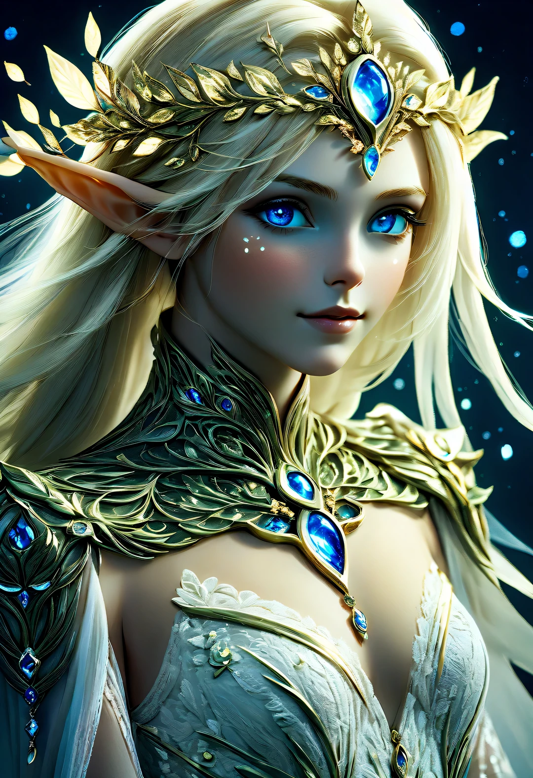 Bella is a stunningly beautiful elf. 200 years old but looks 25 with flowing, golden hair that often gets tangled constantly and sparkles with a hint of magic. She has bright, sparkling blue eyes that light up with excitement whenever she speaks. She wears extremely relieving , rugged hunting gear made of enchanted leather and gold, adorned with trophies from her hunts—fangs, claws, and mystical runes that enhance her abilities. Her pointed ears peek through her hair, adding to her ethereal beauty.