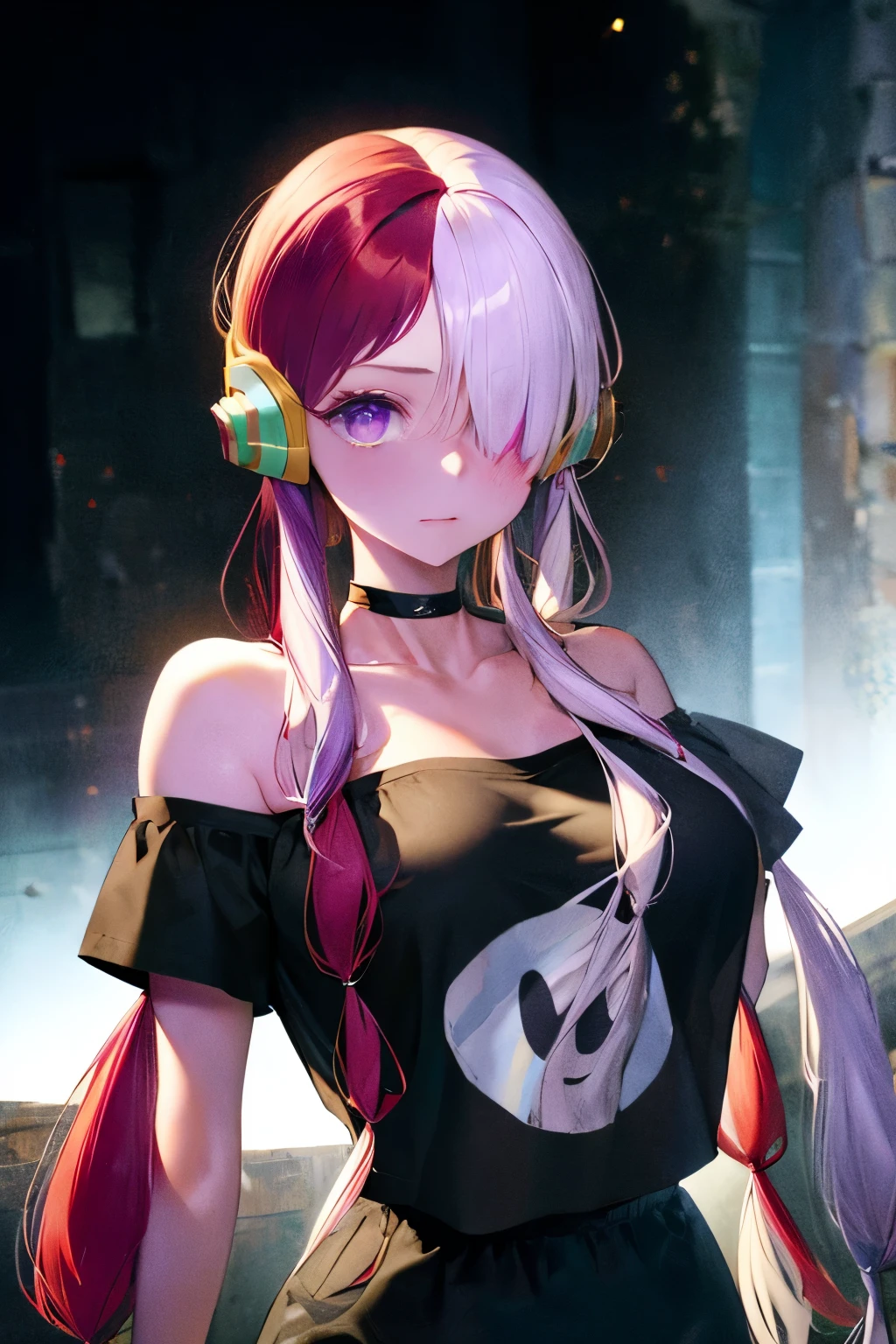 masterpiece, best quality, highres, 1girl, split-color hair, hair over one eye, red hair, multicolored hair, long hair, purple eyes, two-tone hair, hair rings, headphones, white hair, , bangs, very long hair, medium breasts, black t-shirt, shirt, simple baackground, offshoulder, black choker