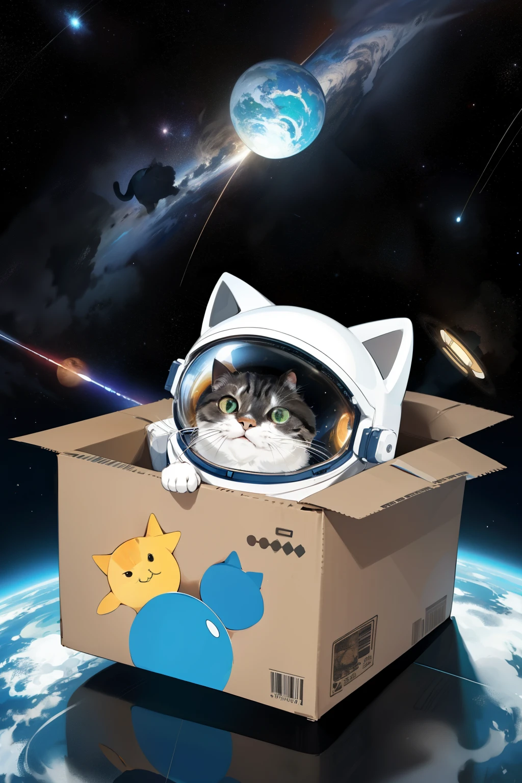 A cat in an ordinary cardboard box at home、An imaginary space travel scene。The cat is relaxing in the box、At the same time, he looks as if he is adventuring far away in outer space.。Around、Your living room transforms into outer space、Stars and planets、Shooting stars are shining。The box looks like a spaceship、The cat is wearing an astronaut&#39;s helmet in it.、The appearance is humorous and adorable。The drawing style is cartoon style.、Colors are vivid and create a fun atmosphere。