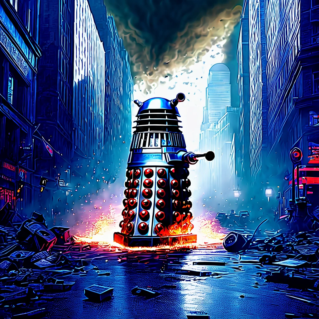 (best quality,4k,8k,highres,masterpiece:1.2),ultra-detailed,(realistic,photorealistic,photo-realistic:1.37),dalek, cybermen (attacking,destroying) London, (giant) explosions, (devastated,ruined) buildings, (panicked,frightened) crowds running, (chaotic,harrowing) scenes, (ominous,threatening) dark clouds, (stormy,rainy) weather, (shattered glass,flying debris), (smoke,burning flames) rising, (blinding,bright) lights, (dynamic,action-packed) composition, (intense,fierce) battle, (dazzling,colorful) laser beams, (broken pavement,crumbled structures), (disintegrating,falling) skyscrapers, (ominous,echoing) machine sounds, (dangerous,deadly) energy weapons, (metallic,cybernetic) limbs, (sleek,machine-like) armor, (glowing,red) targeting lights, (ominous,robotic) voices chanting "EXTERMINATE", (desperate,resilient) resistance fighters, (heroic,fearless) leader, (hopeful,resolute) determination, (cinematic,epic) scale, (futuristic,dystopian) atmosphere, (post-apocalyptic,ruined) landscape, (sinister,malevolent) aliens, (epic,breathtaking) battle sequence, (total,complete) chaos, (city-wide,devastating) destruction, (high,immense) stakes, (vivid,explosive) colors, (intense,massive) scale, (dramatic,heart-pounding) moments, (emotionally-charged,thrilling) narrative, (gripping,suspenseful) tension, (visually-stunning,stunning) effects, (action-packed,adrenaline-fueled) adventure, (captivating,engaging) storytelling, (unforgettable,epic) climax.