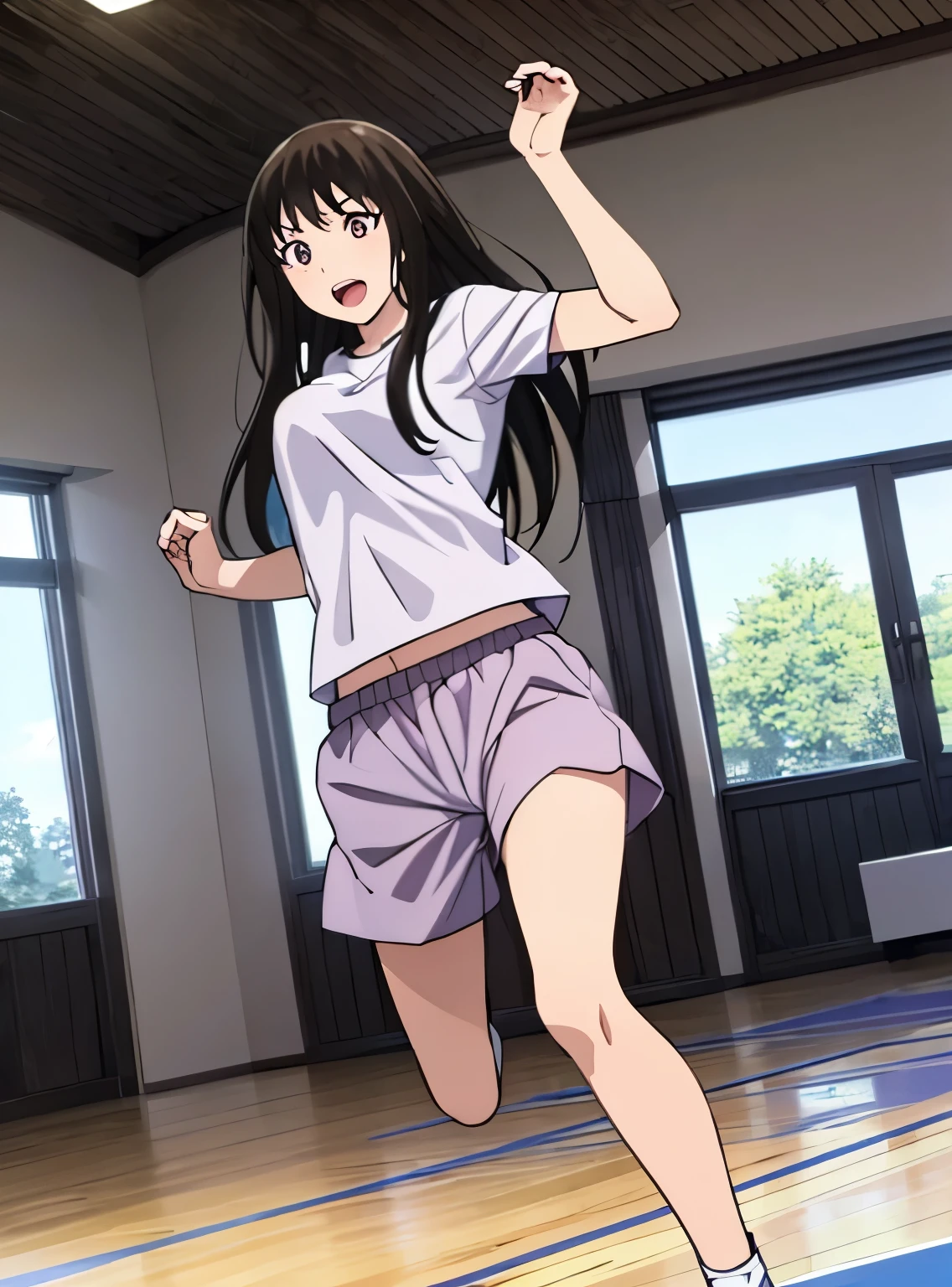 1girl, black hair, open mouth :D, medium breast, gym short sleeve white shirt, gym shorts, cute, indoors, basketball court, gymnasium, cinematic angel, running, dribbling with basketball, perfect anatomy