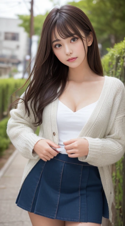 smile、night、Raw photo、(((ultimate beauty portrait)))、((glowing skin))、1 girl、12 year old beautiful girl in Japan、bright look、((brown hair))、(cleavage)、(flare skirt:1.5)、((Big eyes that shine like jewels))、open cardigan、open your clothes、pantyhose、Glossy and glossy skin、(medium hair)、(silky ponytail hair)、( Are standing)、(from below)、under the skirt、(from below下着の接写)、eyeliner、beautiful bangs、hair between eyes、((masterpiece、最high quality、super detailed、film light、intricate details、High resolution、very detailed))、detailed background、8KUHD、Digital single-lens reflex camera、soft light、high quality、film grain、Fujifilm XT3 、shallow depth of field、natural soft light、Kamimei、rich bust