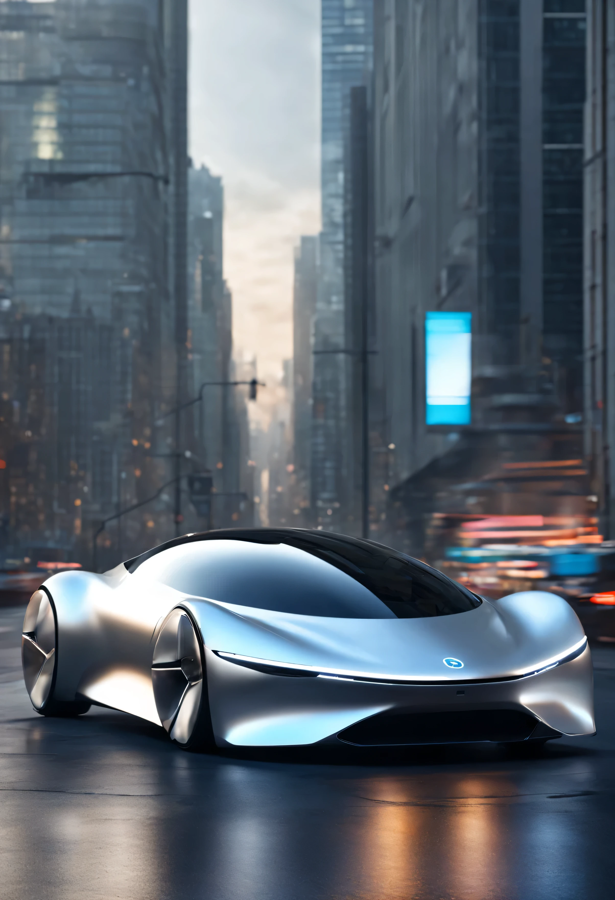 Imagine a hyper-realistic representation of a car from 2050., closely showing futuristic design and intricate details. The vehicle has an elegant and aerodynamic body with smooth, flowing lines, incorporating an advanced approach towards energy efficiency. Smart windows equipped with holographic technology and touch screens add a futuristic touch. LAS RUEDAS, Perfectly integrated into the vehicle structure., They are frameless and contribute to the overall modern aesthetic..

Made with cutting-edge and durable materials., el exterior presenta detalles cromados, Luces led, and adaptive ambient lighting that adjusts to ambient conditions. La parrilla avanzada es minimalista pero funcional., Incorporating sensors and cameras for autonomous driving capabilities..

Este futuro coche presenta una sofisticada paleta de colores., strike a balance between futuristic aesthetics and functionality. With a minimalist and technologically advanced design, It offers a hyper-realistic vision of what mobility could be like in the year 2050..