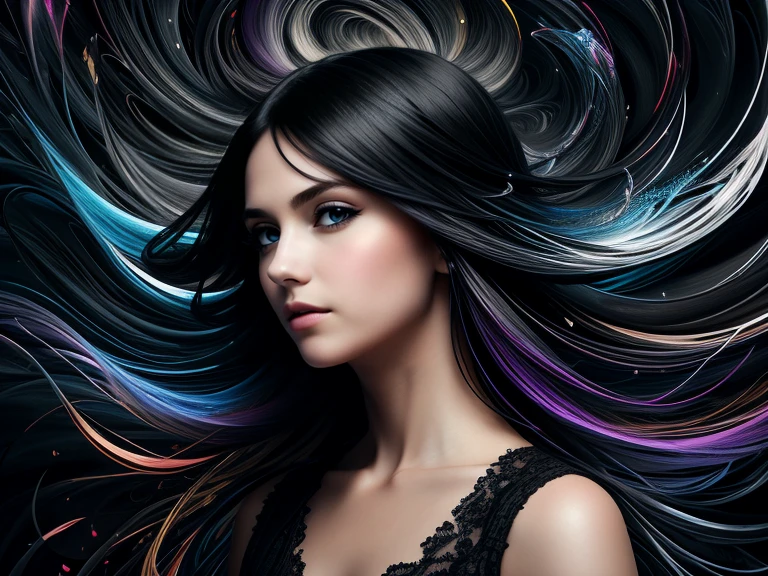 Colorful beautiful girl: 28-years old, messy hair, oil painting, nice perfect face with soft skin, nice perfect face, blue and yellow colors, light purple and violet additions, light red additions, intricate detail, splash screen, 8k resolution, masterpiece, cute face,artstation digital painting smooth veryBlack ink flow: 8k resolution photorealistic masterpiece: intricately detailed fluid gouache painting: by Jean Baptiste Mongue: calligraphy: acrylic: watercolor art, professional photography, natural lighting, volumetric lighting maximalist photoillustration: by marton bobzert:, complex, elegant, expansive, fantastical, wavy hair, vibrant, Best quality details, realistic, High definition, High quality texture, epic lighting, Cinematic film still, 8k, soft lighting, anime style, masterful playing card border, random Colorful art, oil painting, blue yellow colors, light purple and violet additions, light red additions, intricate detail, splash screen, 8k resolution, masterpiece, artstation digital painting smooth veryBlack ink flow: 8k resolution photorealistic masterpiece: intricately detailed fluid gouache painting: by Jean Baptiste Mongue: calligraphy: acrylic: watercolor art, professional photography, natural lighting, volumetric lighting maximalist photoillustration: by marton bobzert:, complex, elegant, expansive, fantastical, vibrant, ((dark plain black background:1.4))