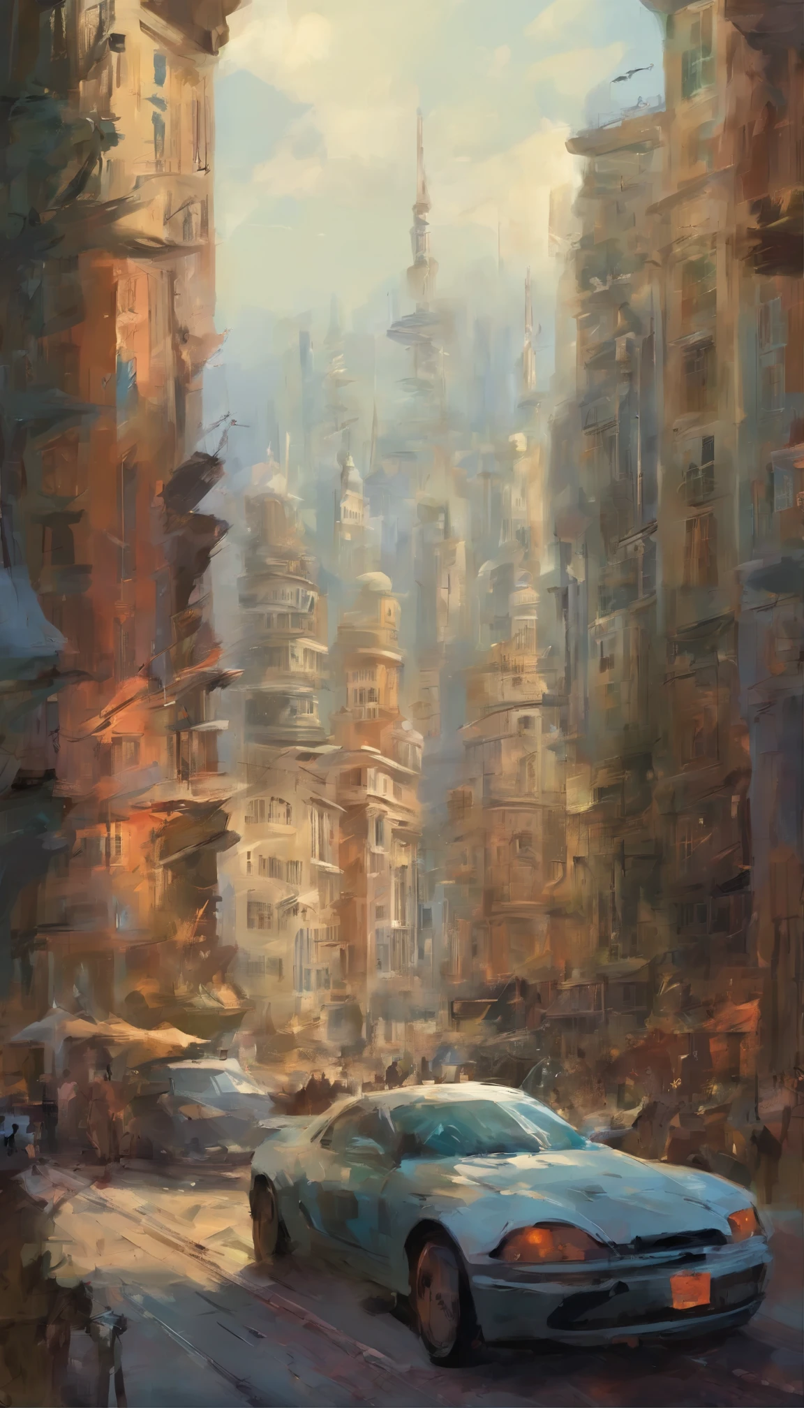 Generate an oil painting depicting the meeting of two worlds – a bustling urban landscape seamlessly merging with a serene natural environment