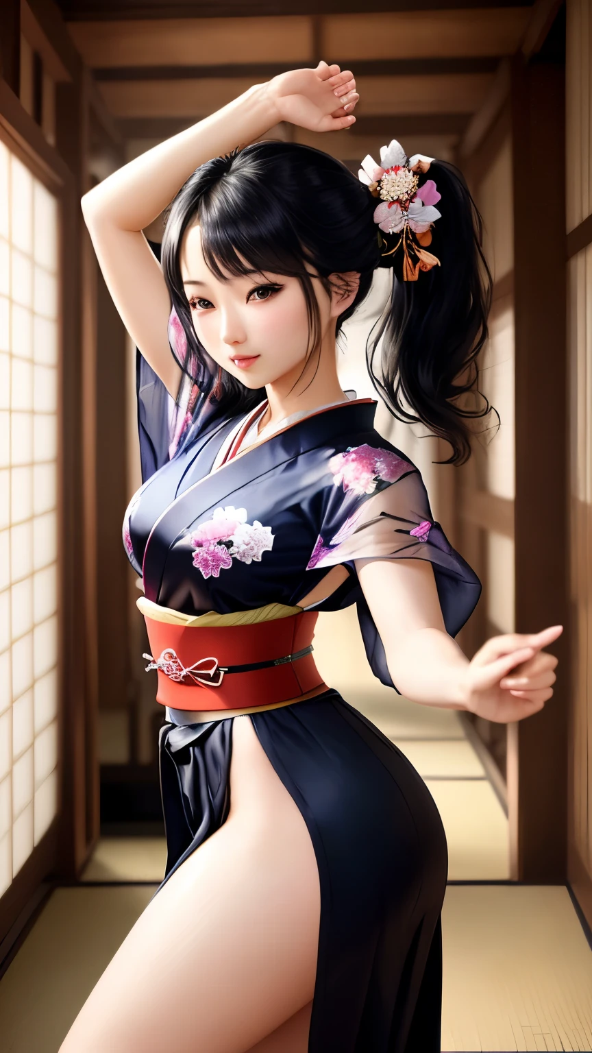 NSFW、最high quality、high quality、best image quality、8K、最High resolution、High resolution、最high quality、masterpiece、RAW photo、realistic atmosphere、(detailed face)、(fine hands、thumb１reference４)、(beauty of japan )、very nice face、cute face、((beautiful japanese girl))、(japanese woman), ((18 year old beautiful girl))、(glossy black hair)、(straight long hair)、(ponytail)、whole body、slim style、(shiny skin)、(Fair skin, Glossy skin)、real human skin、realistic human body structure、perfect body， perfect face， perfect hands， perfect fingers， perfect lips， perfect eyes，perfect teeth、perfect background， perfect atmosphere， natural soft light、samurai kimono、maiko kimono、servant、geisha kimono、japanese kimono、japanese traditional、In front of a samurai residence in Japan、((Sheer transparent random color metallic(floral samurai kimono、side slit hakama))、((Random poses with movement))、((angle from random angle))