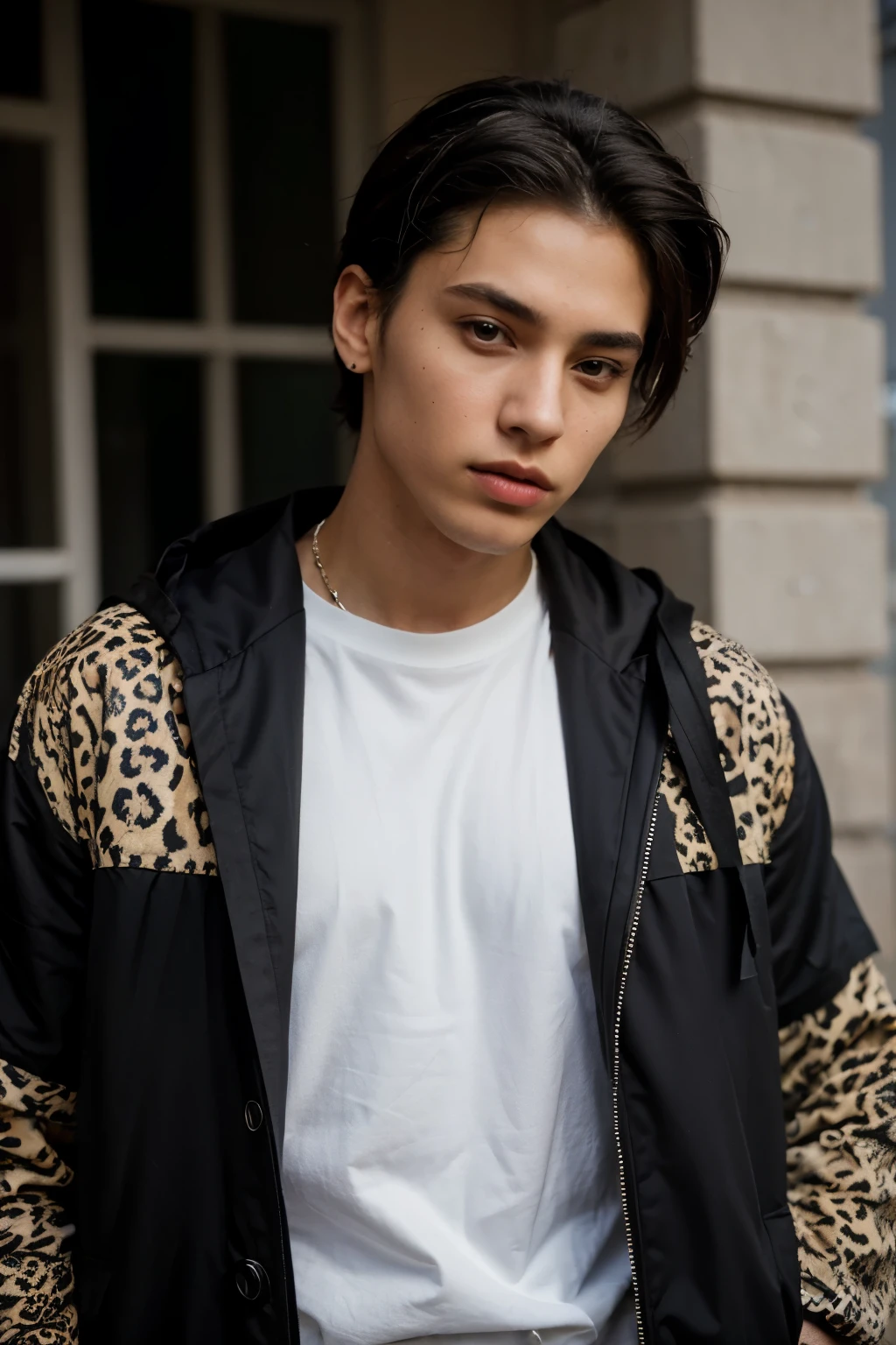 ((best quality)), ((masterpiece)), (detailed), perfect face Create an image showcasing the blending of streetwear elements in the Starboy aesthetic, featuring a mix of dark colors and bold patterns like cheetah print, full image, male model, american, white skin