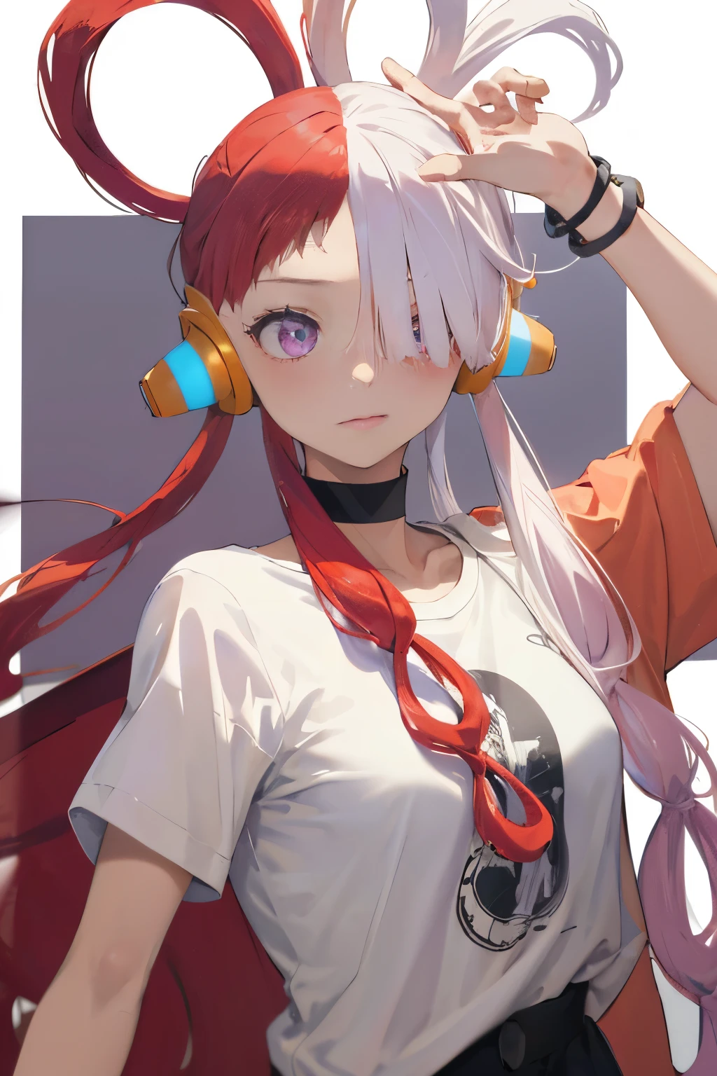 masterpiece, best quality, highres, 1girl, split-color hair, hair over one eye, red hair, multicolored hair, long hair, purple eyes, two-tone hair, hair rings, headphones, white hair, , bangs, very long hair, medium breasts, black t-shirt, shirt, simple baackground, offshoulder, black choker