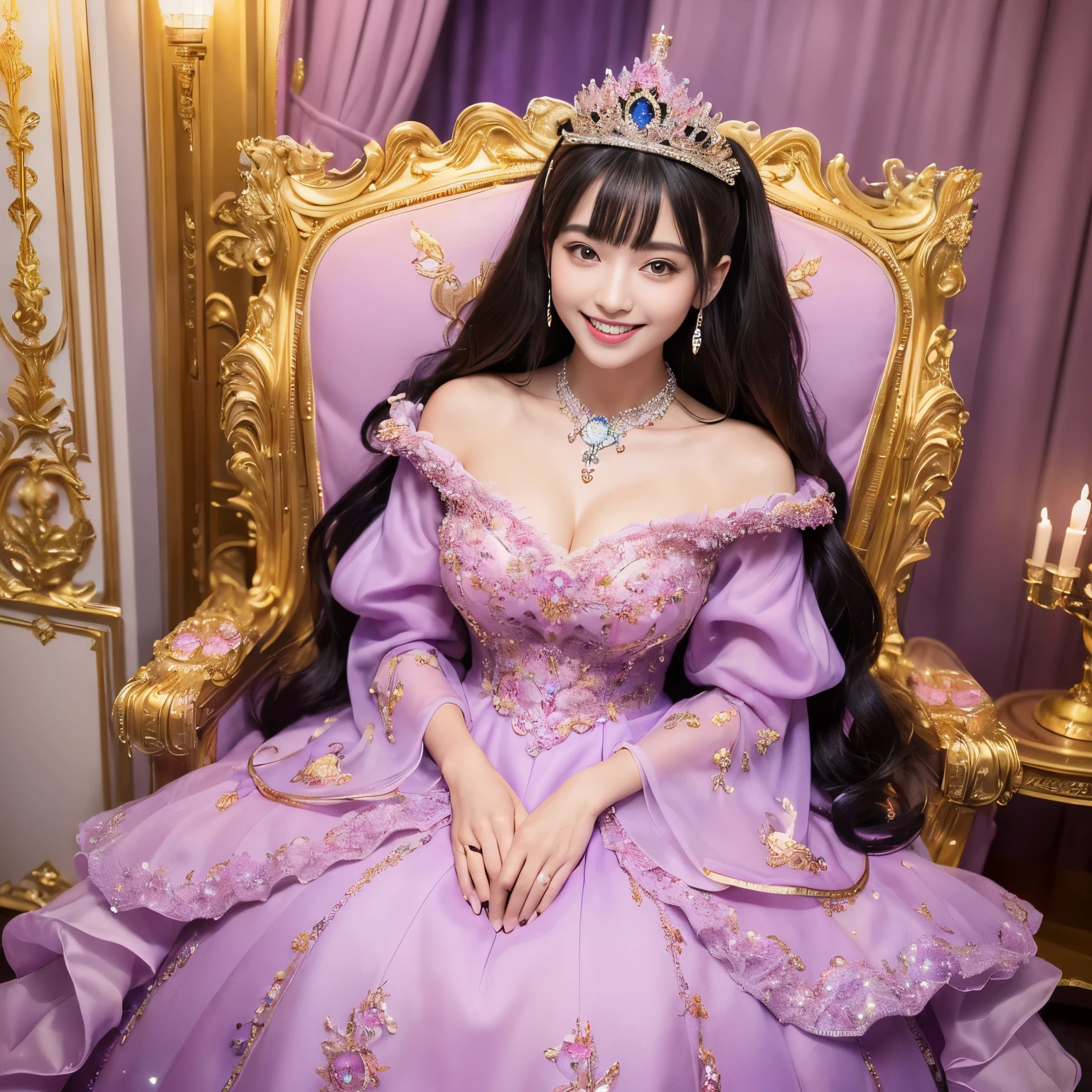(((highest quality, debris flies, ultra high resolution、the most complex and detailed depiction、Awards, 8K、bright and vivid)))、((1 Japan princess,pregnancy,Ultimate luxury with everything you can imagine、accurate anatomy、The most luxurious costumes in purple and pink,purple and pink costume,超巨大なthroneに座る,The most detailed and luxurious luxury princess room,shine intricately,purple and pink sparkle,Front fixed,The best smile staring at the camera,Please smile big,Smile affectionately at me,Shooting from close to the face)),((最もゴージャスなthrone、Highest quality purple and pink costume、large amount of jewelry decoration,The largest giant tiara in the world,detailed jewelry,detailed decoration,Glitter Costume,shining jewel、Huge decoration,giant costume,Huge sleeves,artistic decoration,very detailed decoration,very intricate decoration)),(big and full breasts,become familiar with,royal, majestic, Queen, Empress quality,table top, intricate details,realistic,, front close-up, throne, Upright posture, become familiar with顔,perfect teeth,white teeth,finely描かれた顔,beautiful face、High-definition RAW color photo, professional photos, very delicate and beautiful, very detailed,finely)), (Huge and magnificent seats:1.2),
