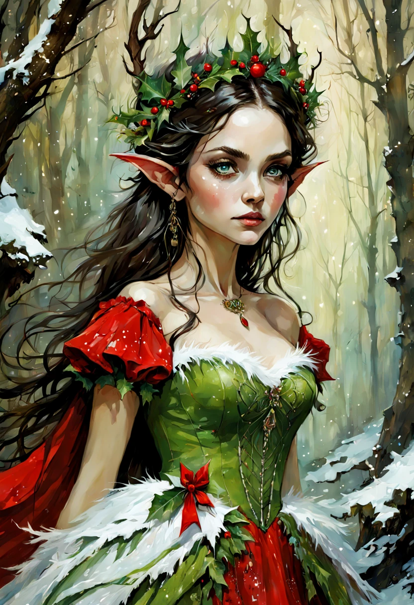 Beautiful elf queen green eyes in red- white Christmas dress , enchanted forest background, dark hair, fantasy, intricate details, hyper detailed, Jean Baptiste Monge, Carne Griffiths, Michael Garmash, seb McKinnon, masterpiece