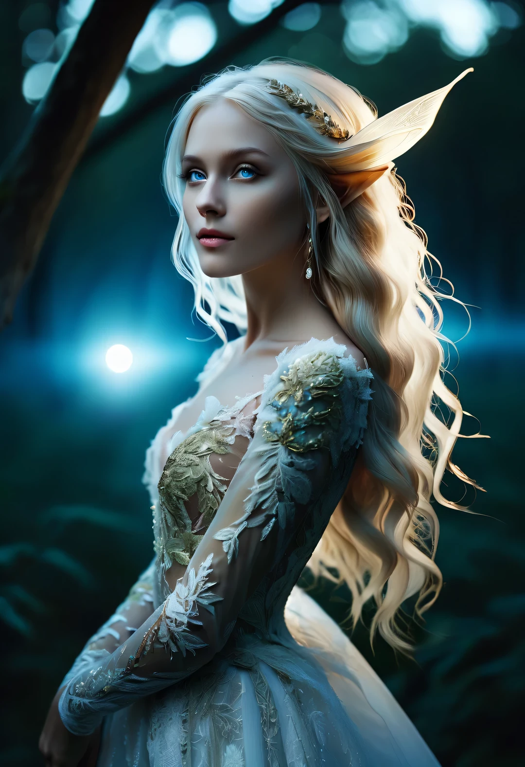 Old Master Painting, dark aesthetic, Charming half-length close-up of Nordic light elf, Has blonde hair, blue eyes, Exceptionally beautiful, minimalist, eternal melancholy, Stylish photography style, Dramatic firefly light, black to black, Asymmetrical composition, concept fantasy, intricate details, Perfect body, radiant skin, expressive eyes, High cheekbones, Delicate nose, bright smile, flowing hair, Wearing an exquisite white high-end lace wedding dress, Forest background under moonlight, Advertising style shoot, romantic wedding photography style, soft natural light, Shot with Canon AE-1 film camera, Lens 50mm, F/1.8, Deep light, pastel color palette, Very detailed, 8k,
--There are 2:3--5 o'clock.1