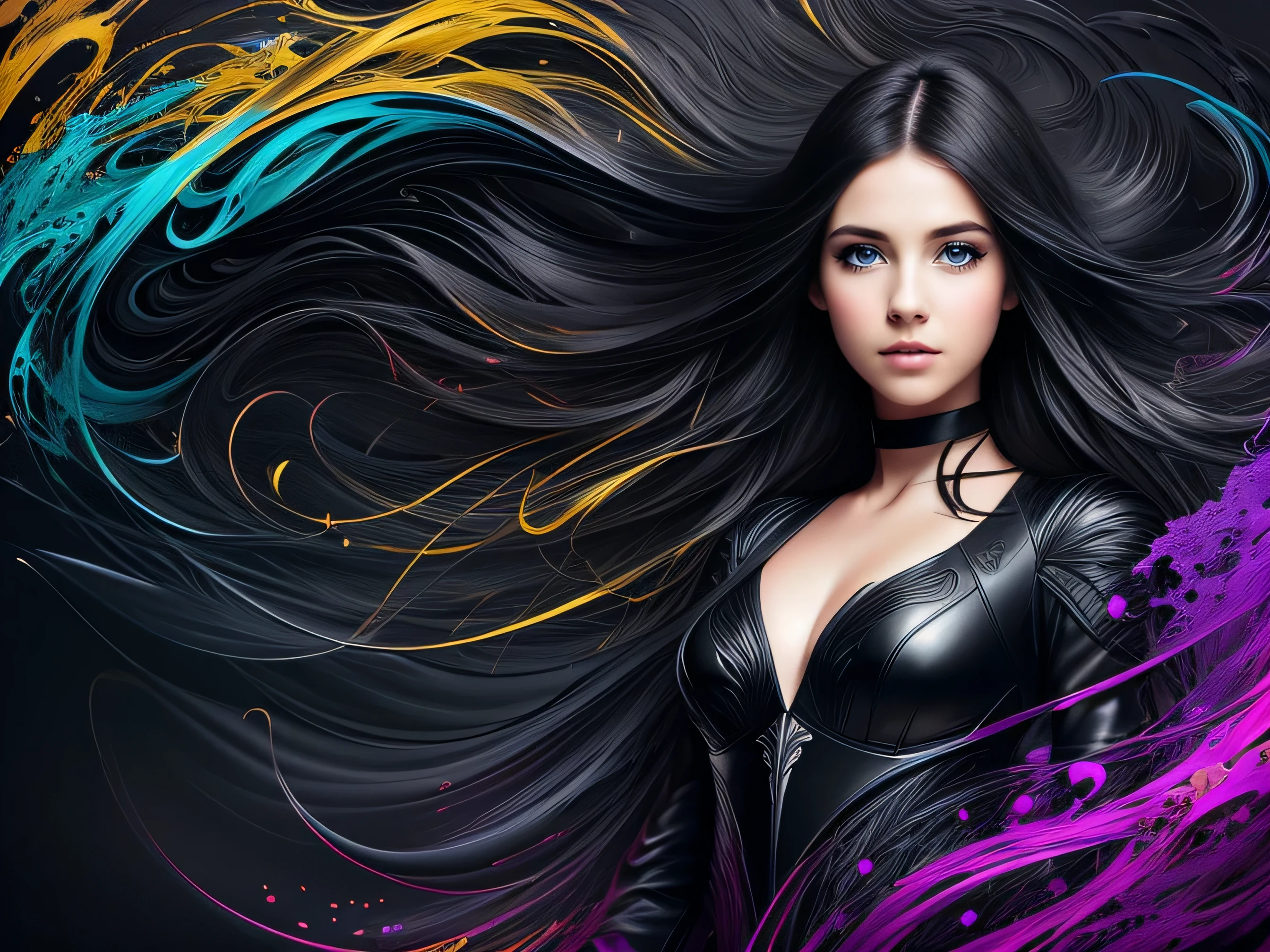 Colorful beautiful girl: 28-years old, messy hair, oil painting, nice perfect face with soft skin, nice perfect face, blue yellow colors, light purple and violet additions, light red additions, intricate detail, splash screen, 8k resolution, masterpiece, cute face,artstation digital painting smooth veryBlack ink flow: 8k resolution photorealistic masterpiece: intricately detailed fluid gouache painting: by Jean Baptiste Mongue: calligraphy: acrylic: watercolor art, professional photography, natural lighting, volumetric lighting maximalist photoillustration: by marton bobzert:, complex, elegant, expansive, fantastical, wavy hair, vibrant, Best quality details, realistic, High definition, High quality texture, epic lighting, Cinematic film still, 8k, soft lighting, anime style, masterful playing card border, random Colorful art, oil painting, blue yellow colors, light purple and violet additions, light red additions, intricate detail, splash screen, 8k resolution, masterpiece, artstation digital painting smooth veryBlack ink flow: 8k resolution photorealistic masterpiece: intricately detailed fluid gouache painting: by Jean Baptiste Mongue: calligraphy: acrylic: watercolor art, professional photography, natural lighting, volumetric lighting maximalist photoillustration: by marton bobzert:, complex, elegant, expansive, fantastical, vibrant, ((dark plain black background:1.4))