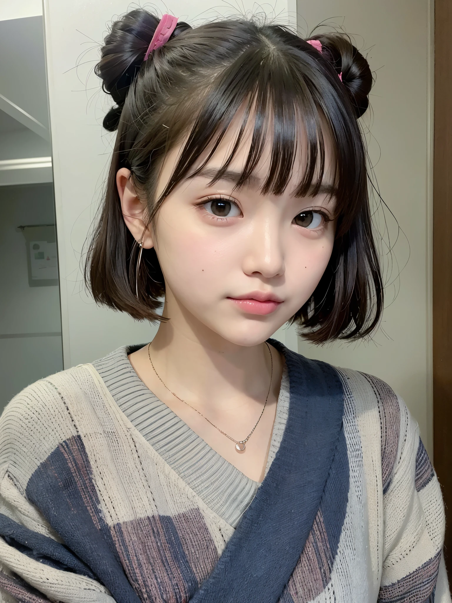 masterpiece、highest quality、Highest image quality、Super high quality、18 year old girl、Cute detailed girl、highly detailed eyes and face、Cute detailed face、Well-proportioned face、perfect skin、beautiful lips、look at me、face is facing forward、Japanese、japanese goddess、black hair、bangs、round face、black eyes、perfect description、Describe only the face、portrait