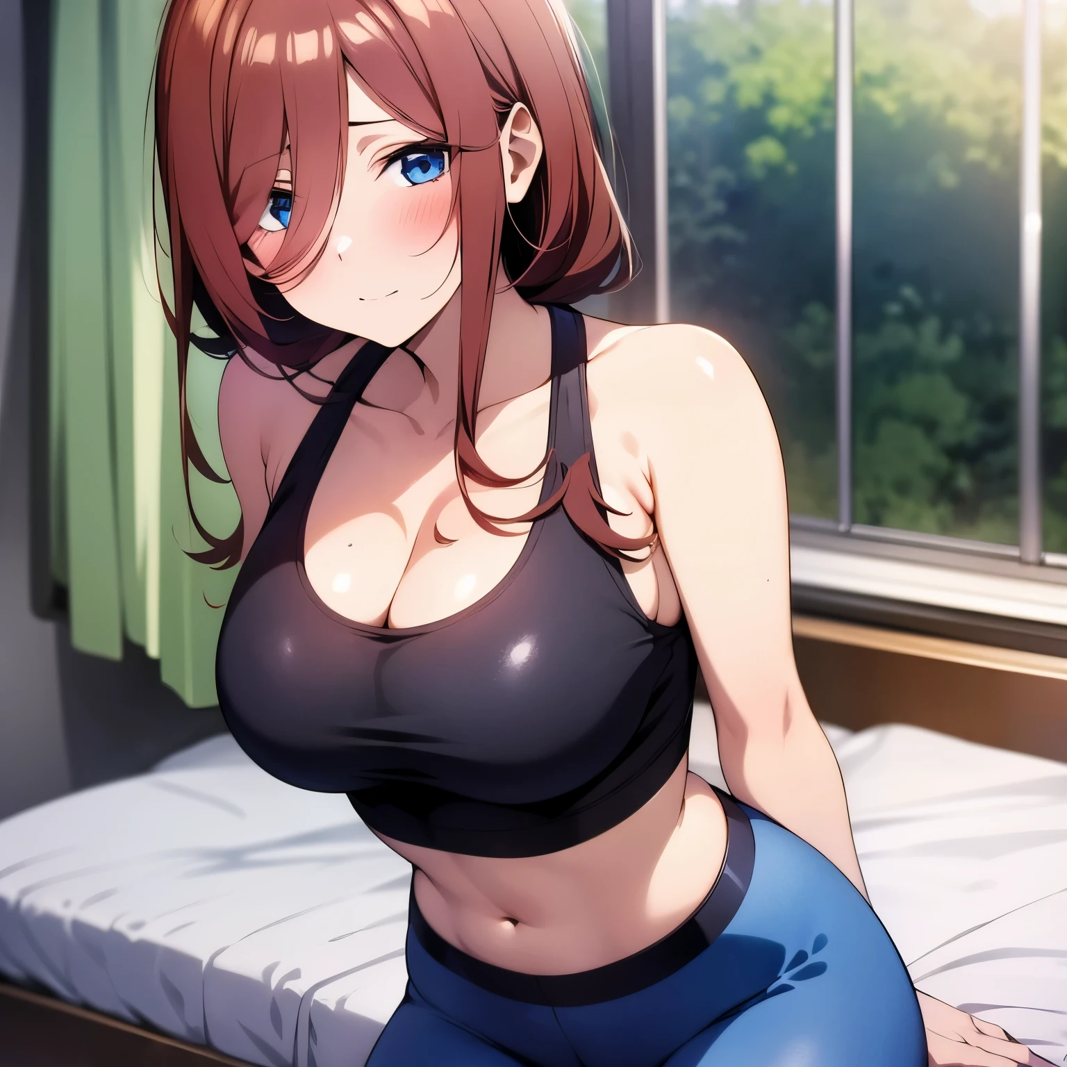 1girl:Miku nakano From the anime go toubun no hanayome, brown hair, 4k, HD, anime, sexy, big ass, beautiful, blue eyes, the best 8k resolution,Gym, leggings, tight, tight top, sexy, Blushing, gym,Tight black leggings that shine 