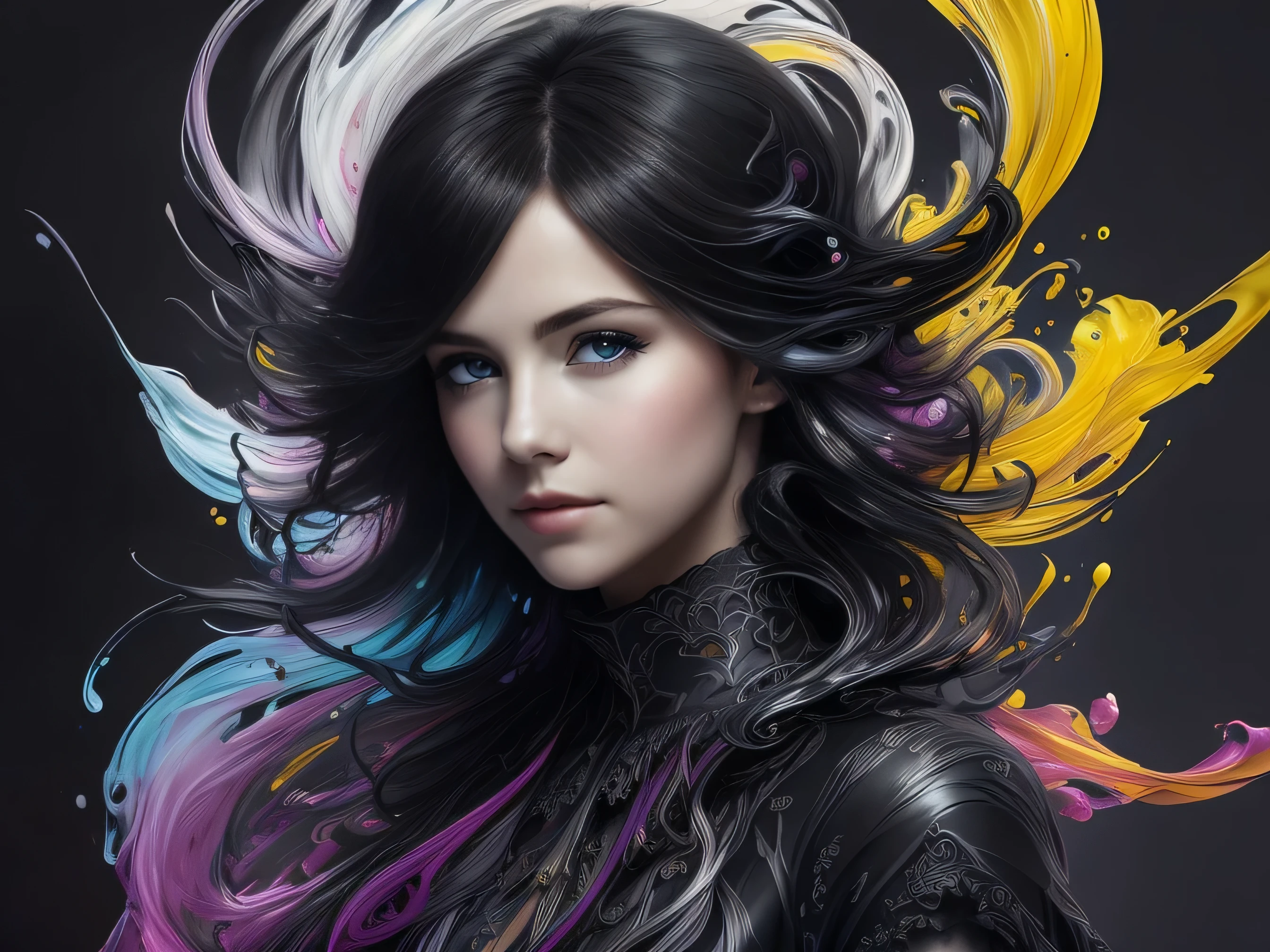 Colorful beautiful girl: 28-years old, messy hair, oil painting, nice perfect face with soft skin, nice perfect face, blue yellow colors, light purple and violet additions, light red additions, intricate detail, splash screen, 8k resolution, masterpiece, cute face,artstation digital painting smooth veryBlack ink flow: 8k resolution photorealistic masterpiece: intricately detailed fluid gouache painting: by Jean Baptiste Mongue: calligraphy: acrylic: watercolor art, professional photography, natural lighting, volumetric lighting maximalist photoillustration: by marton bobzert:, complex, elegant, expansive, fantastical, wavy hair, vibrant, Best quality details, realistic, High definition, High quality texture, epic lighting, Cinematic film still, 8k, soft lighting, anime style, masterful playing card border, random Colorful art, oil painting, blue yellow colors, light purple and violet additions, light red additions, intricate detail, splash screen, 8k resolution, masterpiece, artstation digital painting smooth veryBlack ink flow: 8k resolution photorealistic masterpiece: intricately detailed fluid gouache painting: by Jean Baptiste Mongue: calligraphy: acrylic: watercolor art, professional photography, natural lighting, volumetric lighting maximalist photoillustration: by marton bobzert:, complex, elegant, expansive, fantastical, vibrant, ((dark plain black background:1.4))