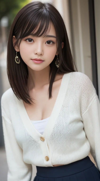 Low - Angle,Underwear flickering,smile、night、Raw photo、(((ultimate beauty portrait)))、((glowing skin))、1 girl、 beautiful girl in Japan、bright look、((brown hair))、(cleavage)、(flare skirt:1.5)、((Big eyes that shine like jewels))、open cardigan、open your clothes、pantyhose、Glossy and glossy skin、(medium hair)、(silky ponytail hair)、( Are standing)、(from below)、under the skirt、(from below下着の接写)、eyeliner、beautiful bangs、hair between eyes、((masterpiece、最high quality、super detailed、film light、intricate details、High resolution、very detailed))、detailed background、8KUHD、Digital single-lens reflex camera、soft light、high quality、film grain、Fujifilm XT3 、shallow depth of field、natural soft light、Kamimei、rich bust