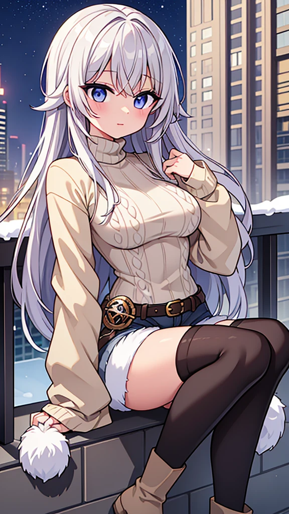 (masterpiece,best quality, detailed,hires:1.4),(cityacape0.5,sky0.3,girl0.2),ultra detailed background,dut angle shot,chdistance view,1girl,16yo,(solo:1.4),messy winter cityscape,fine sky,day,BREAK,detailed long hair,detailed face,detailed shining eyes,bloom,glowing,shine skin,(White fur coat, gray turtleneck sweater, short shorts, black stockings, beige long boots:1.4),huge breasts,(happy:1.4),blush,cowboy shot,(feet are outside the viewer:1.4),