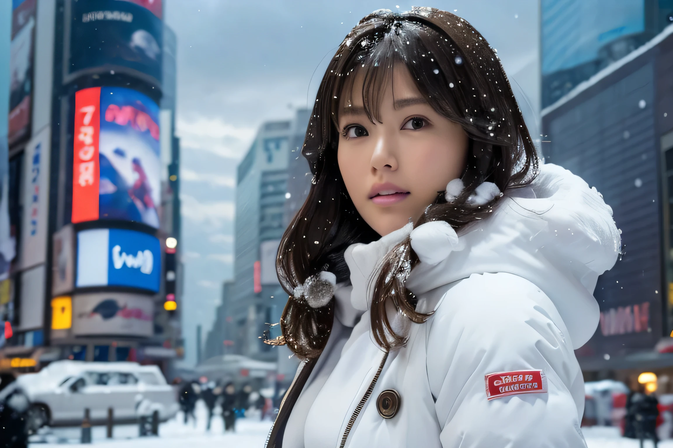 (masterpiece:1.2), Super detailed, ultra high resolution, (realistic, photo realistic:1.37), High-definition RAW color photos, professional photos, highly detailed face, very fine eyes, highly detailed skin, very fine fingers, highly detailed nose, highly detailed mouth, perfect anatomy, highly detailed background, (japanese actress:1.2), (Improve:1.3), (flat chest), brown race, black skin, Very short cut hair, Shadow, messy hair, whole body, padded jacket, white hoodie, snow in my hair, (snow in the sky:1.6), cinematic lighting, New York's Times Square on New Year's Eve, (whole body:1.3), at night, (firework), countdown, Side view, looking at sky,