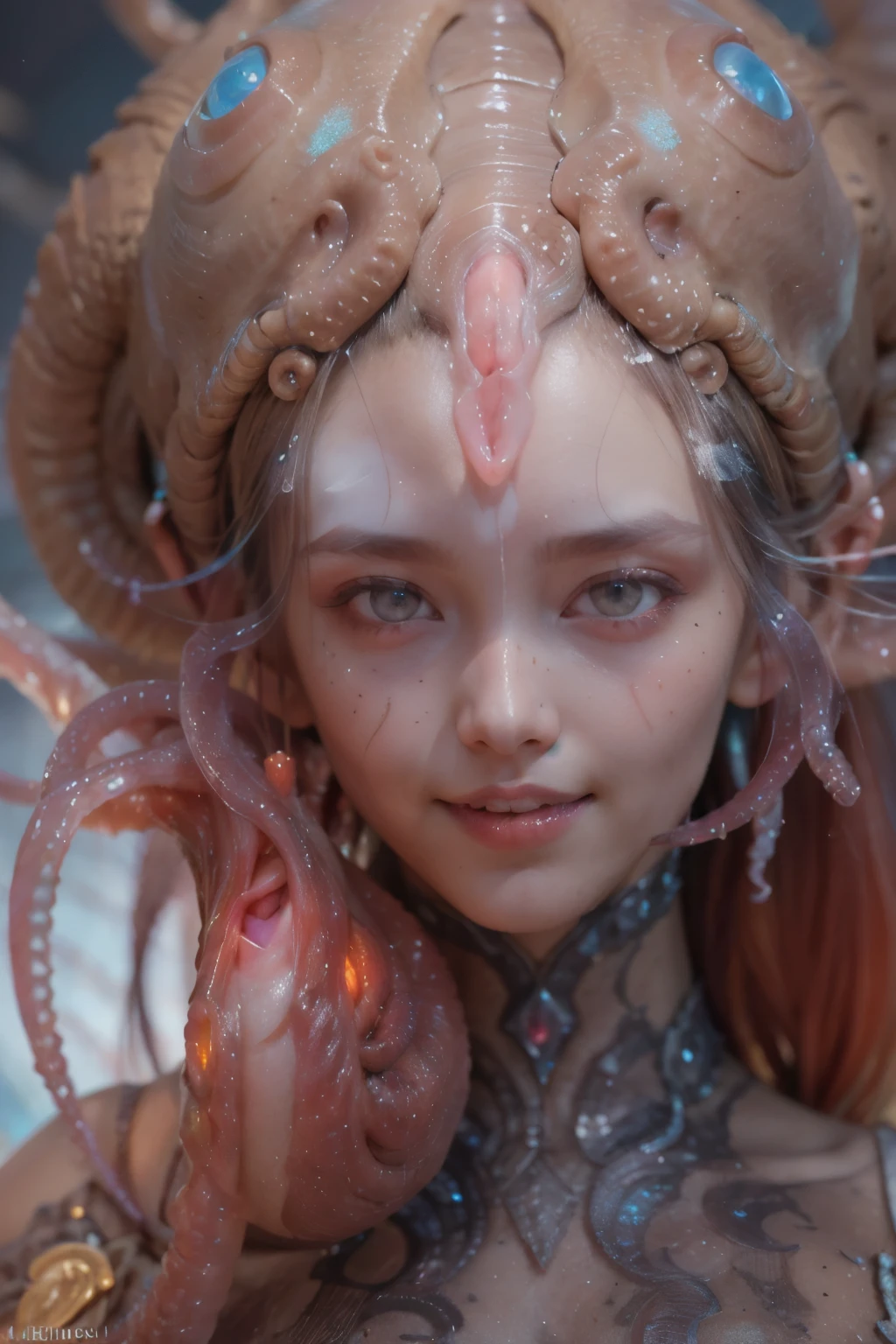 scary and sexy detailed art in color, Portrait, (beautiful and obscene female alien:1.4), (vulgarity1.7), (she has red eyes with no pupils:1.8), (Translucent white skin:1.7), (There is a female genital-like organ in the middle of the forehead:1.9), (The most beautiful face in the history of the universe:1.2),an evil gaze that seduces, (large mouth:1.1), (sharp teeth like a vampire:1.2), Full body portrait, (bio luminescent:1.5), (Smile wickedly:1.3), (sexypose:1.5), alien, No humans, cells are fused, (Lots of translucent tentacles:1.3) extraterrestrial, cell, bio image, best quality, 8K, In 4K_quality, High freshness, Dramatic Lighting, masutepiece:1.5,cinematic quality, detail up, (exquisite details:1.2), high resolution, High freshness, drawing faithfully, (Thick eyebrows:1.2), Beautiful eyes with fine symmetry,(Highly detailed face and eyes:1.2), Intimate face, (Super detailed skin quality feeling:1.4), perfect anatomy, (Beautiful toned body:1.5), (Moist skin:1.2), not wearing makeup, (dark circles:1.1), long canines, cinematic drawing of characters, ultra high quality model, cinematic quality, detail up, (exquisite details:1.2), high resolution, High freshness, drawing faithfully, official art, Unity 8K Wall paper, best quality, Very high resolution, ultra detailed artistic photography, midnight aura, unreal engine 5, Ultra Sharp Focus, art by Amano Yoshitaka, ArtGerm, Roisch, intricate artwork, best quality, masterpiece, ultra high resolution, (photos realistic:1.4), ultra realistic realism, dream-like, nautilus, Creation of fantasy, Snail, Dream Snail, (biopunk nautilus:1.3),Thrilling color schemes, ultra realistic realism, seductively smiling, Blue tentacles, Amazing mutation, well-proportioned body, goddess of the deep sea