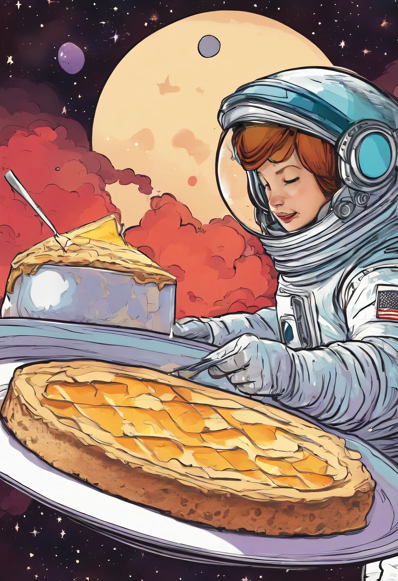 An astronaut eating cheescake
