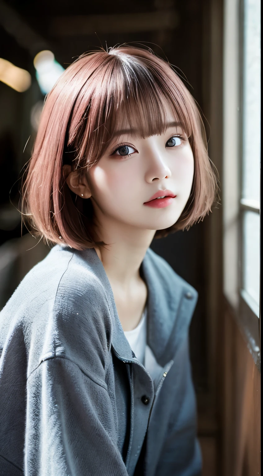 Pianfei, best quality, illustration, super detailed, Exquisite details, high resolution, 8k,wallpaper, Perfect dynamic composition, Beautiful and delicate eyes, Black camisole,bob short hair、Pink hair color,natural color lips, bold gesture,I kind of want to crfferent gaze,Harajuku style、20 year old girl、Cute type、Look up at the camera、In a dark room
