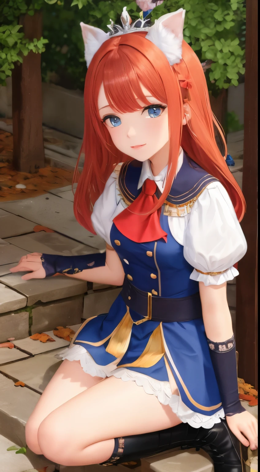 Dog style, Dog style, Blue eyes, hair ornament, long hair, orange hair, a tiara, hair, hair hair, BREAK arm belt, Armor, Ascot, blue Socks, boots, dress, gloves, hair ornament, Open clothes, open dress, shoulder pads, pleated skirt, puffy short sleeves, puffy sleeves, red Ascot, red skirt, short sleeves, shoulder Armor, single shoulder pad, skirt, Socks, white dress, white shoes, white gloves, BREAK looking at viewer, whole body, BREAK outdoors, BREAK (masterpiece:1.2), Best quality, a high resolution, Unity 8k Wallpaper, (illustration:0.8), (beautiful detailed eyes:1.6), very detailed face, perfect lighting, Extremely detailed computer graphics, (perfect hands, perfect anatomy),