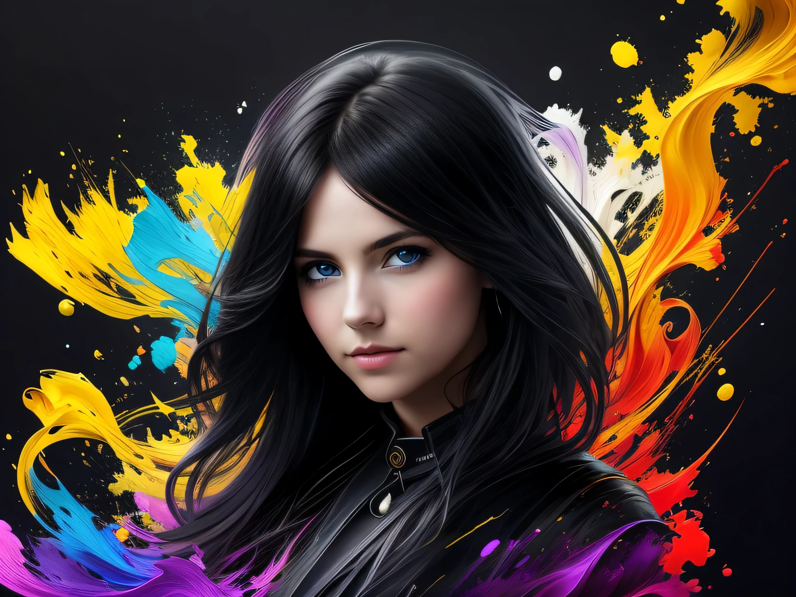Colorful beautiful girl: 28-years old, messy hair, oil painting, nice perfect face with soft skin, nice perfect face, blue yellow colors, light purple and violet additions, light red additions, intricate detail, splash screen, 8k resolution, masterpiece, cute face,artstation digital painting smooth veryBlack ink flow: 8k resolution photorealistic masterpiece: intricately detailed fluid gouache painting: by Jean Baptiste Mongue: calligraphy: acrylic: watercolor art, professional photography, natural lighting, volumetric lighting maximalist photoillustration: by marton bobzert:, complex, elegant, expansive, fantastical, wavy hair, vibrant, Best quality details, realistic, High definition, High quality texture, epic lighting, Cinematic film still, 8k, soft lighting, anime style, masterful playing card border, random Colorful art, oil painting, blue yellow colors, light purple and violet additions, light red additions, intricate detail, splash screen, 8k resolution, masterpiece, artstation digital painting smooth veryBlack ink flow: 8k resolution photorealistic masterpiece: intricately detailed fluid gouache painting: by Jean Baptiste Mongue: calligraphy: acrylic: watercolor art, professional photography, natural lighting, volumetric lighting maximalist photoillustration: by marton bobzert:, complex, elegant, expansive, fantastical, vibrant, ((dark plain black background:1.4))