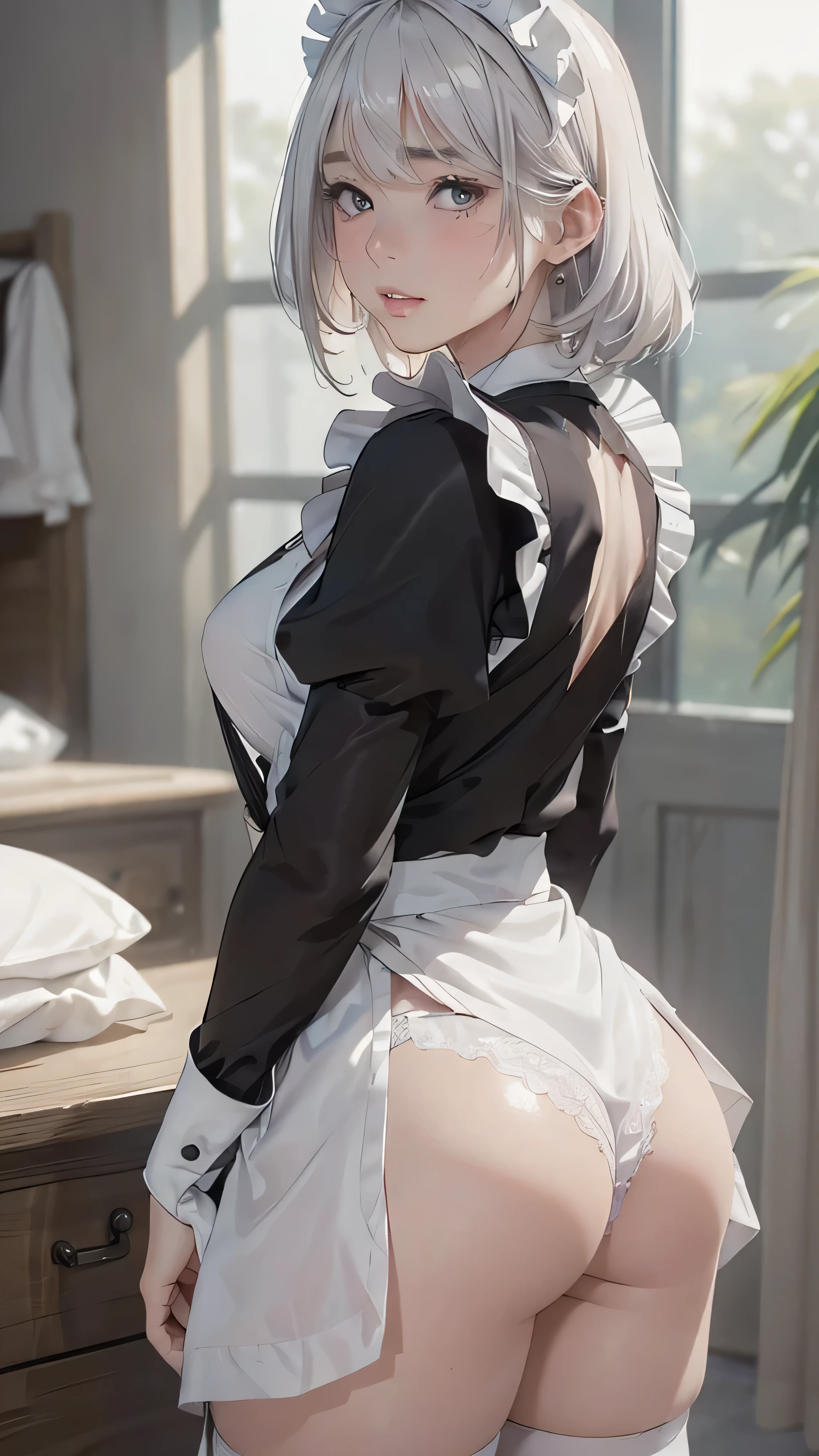 (pieces fly: 1.3), (maximum resolution: 1.2), (ultra high definition tv: 1.2), cinema light, 8K resolution, fine eyes and skin, detailed faceの特徴, , (sharp focus on ???????: 1.2）, (The focus is on the face:1.2),perfect style, cute face, Accurate, anatomically correct, Highly detailed face and skin texture, fine eyes, double eyelid, thin eyebrows, glitter eyeliner: 1 natural cheek, shiny skin, Fair skin, Glossy skin: 1.2, (glossy lips: 1.4),、 (embarrassed look: 1.2),20 year old woman, (detailed face:1.2), (highest quality:1.2), Retrospective shot of rear loam、angle from below, Low - Angle, ???????????, cinematic lighting, perfect style, beautiful face,  (skirt lift:1.4), loose and wrinkled white panties, stockings, blush、humiliation、impatience、glare、tears、embarrassing、surprised expression、anger expression、 (Maid clothes:1.5),full of sweat、silver hair、green ash eye、Retrospective shot of rear loam、Low - Angleから、soaking wet、Overflowing ?????、????? in the ???、????? on thigh、flowing ?????(fascinating ????:1.2),、exposed panties、disheveled clothes、exposed ?????、