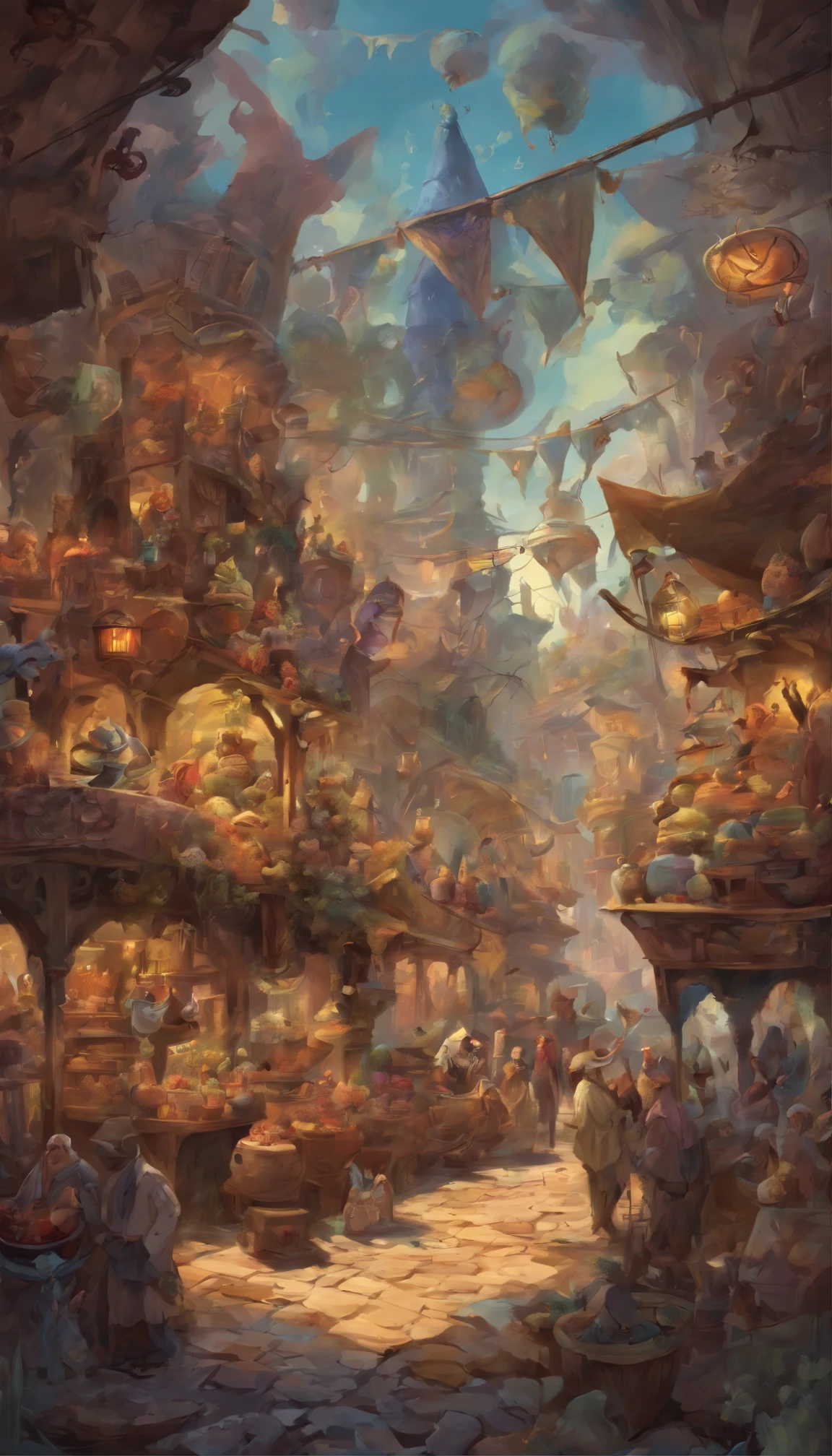 Generate an oil painting illustrating the whimsical chaos of a fantastical marketplace in a world filled with mythical creatures and magical artifacts