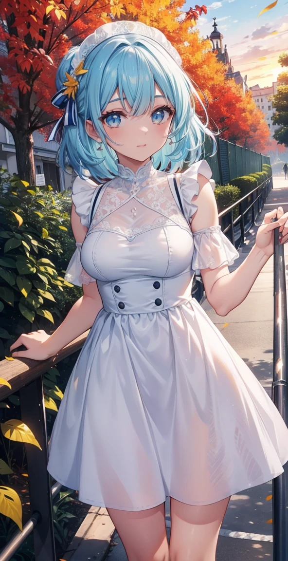 Mulher em tamanho real, cor do cabelo castanho azul, altura toda, Olhos azuis claros, sorridente, boca, lips, vestindo transparente, handrail holding hand, Careta em forma de ahageo, calcinha branca, Bom, cor de pele branca, pernas grossas, coxas grossas, franja, Bom with lace underwire, fechaduras laterais, montanha, yellow leaves on trees, background scenery, sunset, luz solar, Tarde bonita, nuvens, vento no cabelo, folhas voando, detalhes no ambiente, cores mais vivas, efeito saturado