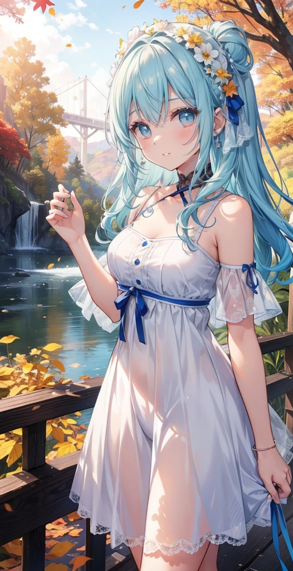 Mulher em tamanho real, cor do cabelo castanho azul, altura toda, Olhos azuis claros, sorridente, boca, lips, vestindo transparente, handrail holding hand, Careta em forma de ahageo, calcinha branca, Bom, cor de pele branca, pernas grossas, coxas grossas, franja, Bom with lace underwire, fechaduras laterais, montanha, yellow leaves on trees, background scenery, sunset, luz solar, Tarde bonita, nuvens, vento no cabelo, folhas voando, detalhes no ambiente, cores mais vivas, efeito saturado