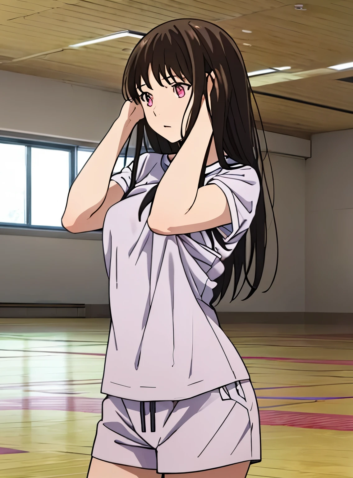 1girl, black hair, medium breast, gym short sleeve white shirt, gym shorts, cute, indoors, basketball court, gymnasium, cowboyshot, upperbody, perfect anatomy, towel wiping her head, shirt lift up, navel, 