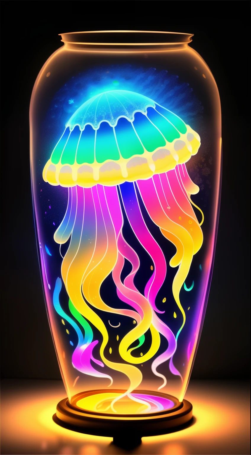 Rotates slowly with a faint glow,Colorful jellyfish drawing isolated on black background,, Breathtaking rendering, in a radiant connection, inspired by Kinuko Y. commerce,, magic elements, , pleura, beautiful, Cast colorful spells, 明るいThe Flash, The Flash