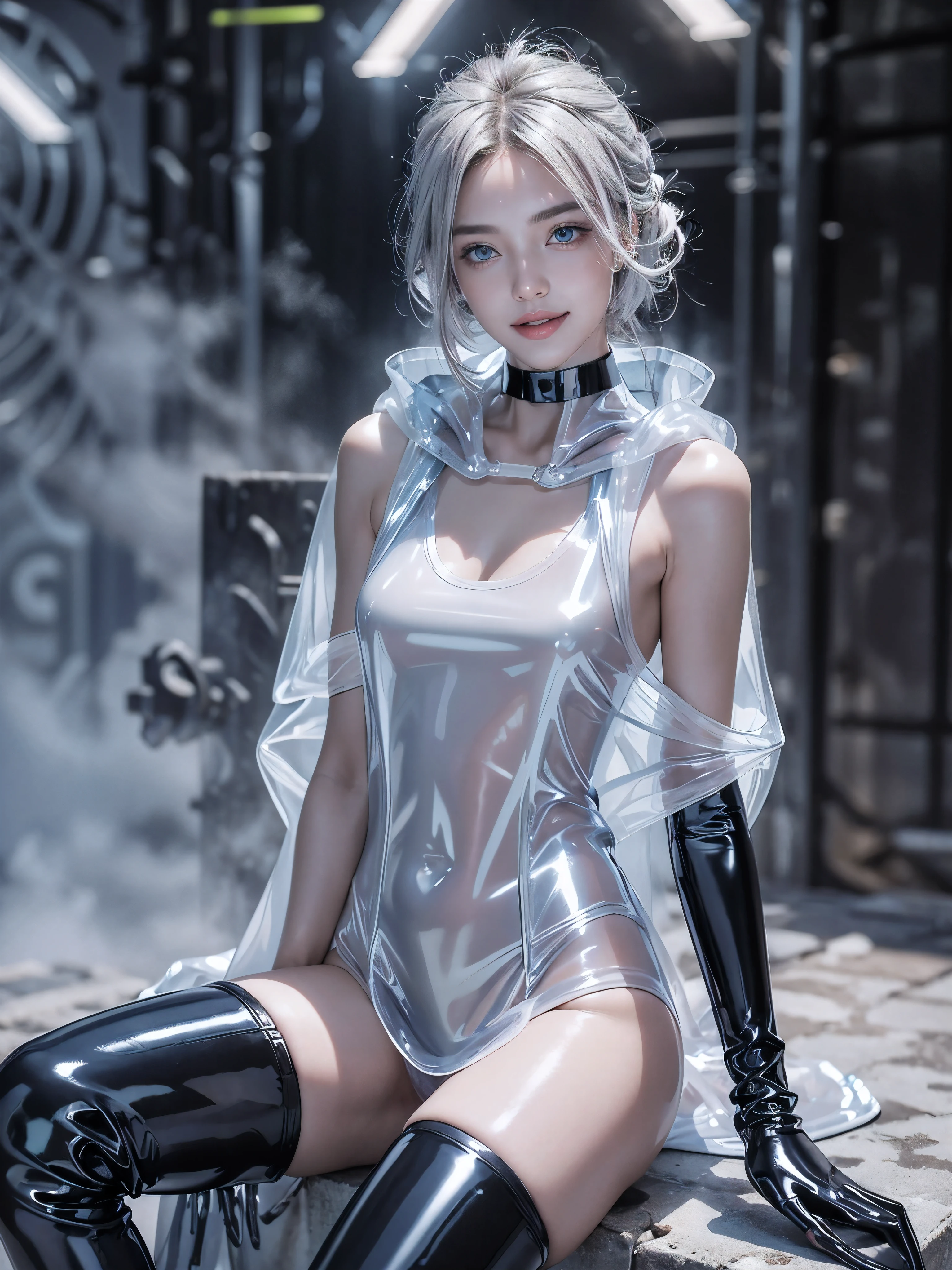 (anime:1.2), (official art), (gorgeous, elegant, luxury), (beautiful still life painting art), ultra detailed, beautiful, masterpiece, best quality,
_
BREAK (1girl:1.2), 22 years old, 160 cm, Japanese cute model, Tightened all body, large Breasts, cleavage, small head, small face, diamond Face, small nose, Sharp Faceline, Detailed face, Detailed eyes, young hands and fingers, beautiful hands and fingers, five fingers,
_
BREAK (happy, smile, Glossy Lips:1.3), (Light color lips, Half open mouth, beautiful Teeth:1.2), (dropy eyes, Double eyelid, light color eyes, Shiny eyes:1.5), Shiny skin,
_
BREAK (arranged hairstyle:1.6), (gray hair:1.2), shiny hair, Detailed hair,
_
BREAK (White theme:1.3), (blurry background, mist, fog:1.7),
_
BREAK (cowboy shot:1.5),
(Confident sitting pose:1.3), (arms behind head:1.2),
BREAK (Glossy latex and Rubber theme:1.8),
(glossy transparent latex skeleton White poncho:1.6),(Glossy cleavage:1.4), (skin-tight:1.3), (reflective surface:1.4), (hood with cyberpunk visor:1.4),(glossy latex tight and short Leggings and tank top:1.3),(Separate:1.4), (fringe detail on sleeves:1.2),
BREAK
(Rubber gloves:1.2), (thigh-high latex boots:1.3), (slick and shiny:1.4),
BREAK
(High-tech futuristic accessories:1.3), (chrome choker with neon accents:1.4), (LED embedded in the poncho:1.4), (streamlined and edgy:1.3),