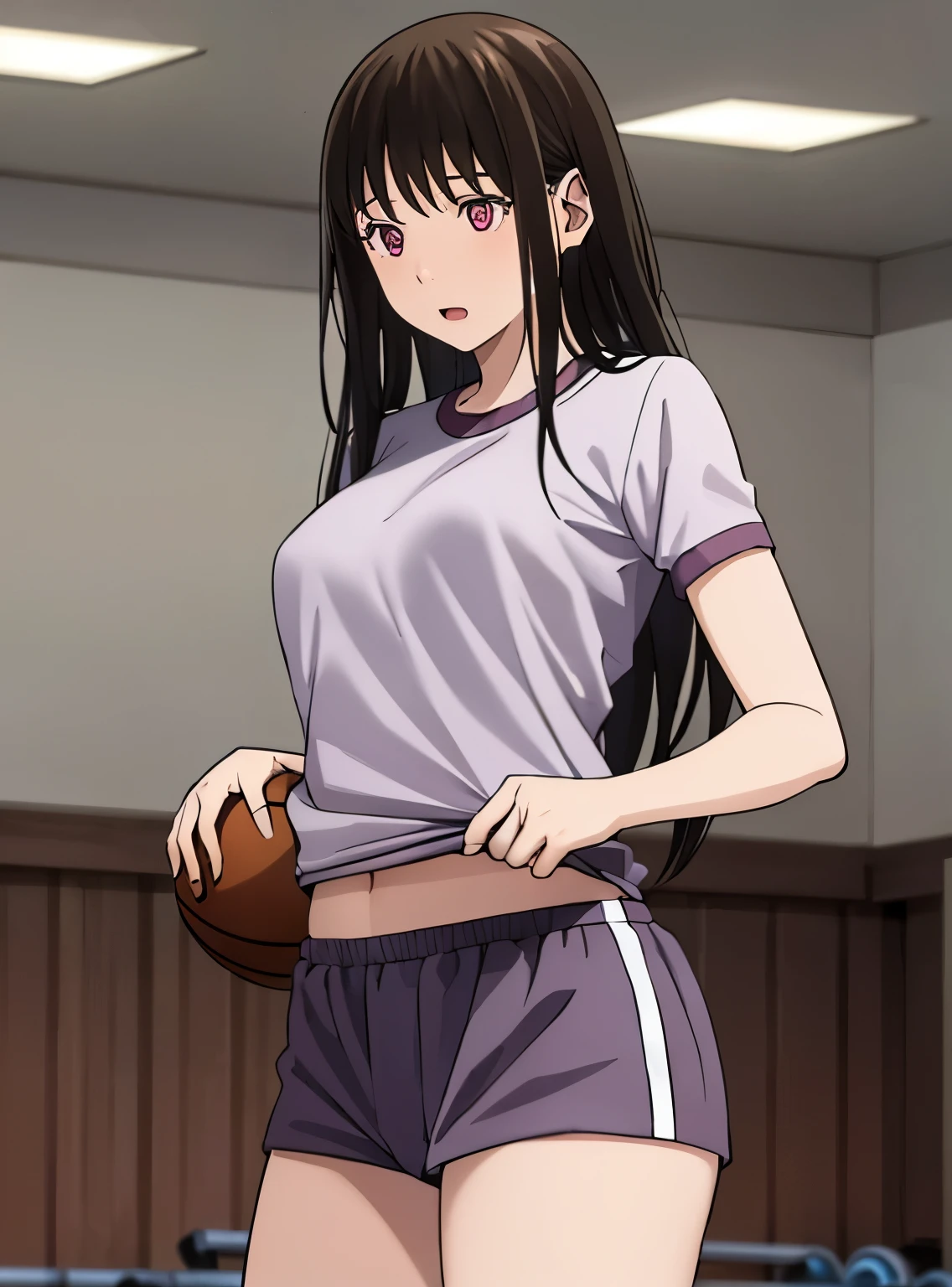 1girl, black hair, medium breast, gym short sleeve white shirt, gym shorts, cute, indoors, basketball court, gymnasium, cowboyshot, upperbody, perfect anatomy, towel wiping her head, shirt lift up, navel, 