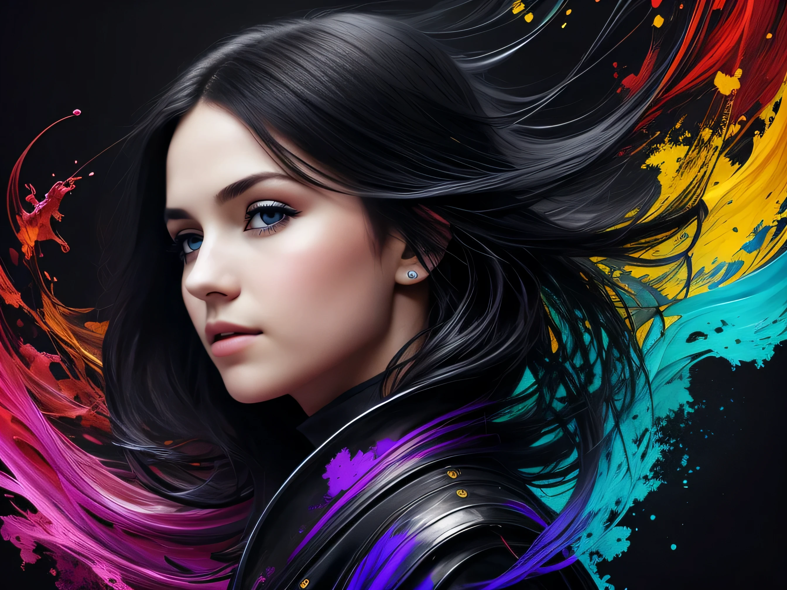 Colorful beautiful girl: 28-years old, messy hair, oil painting, nice perfect face with soft skin, nice perfect face, blue and yellow colors, light purple and violet additions, light red additions, intricate detail, splash screen, 8k resolution, masterpiece, cute face,artstation digital painting smooth veryBlack ink flow: 8k resolution photorealistic masterpiece: intricately detailed fluid gouache painting: by Jean Baptiste Mongue: calligraphy: acrylic: watercolor art, professional photography, natural lighting, volumetric lighting maximalist photoillustration: by marton bobzert:, complex, elegant, expansive, fantastical, wavy hair, vibrant, Best quality details, realistic, High definition, High quality texture, epic lighting, Cinematic film still, 8k, soft lighting, anime style, masterful playing card border, random Colorful art, oil painting, blue yellow colors, light purple and violet additions, light red additions, intricate detail, splash screen, 8k resolution, masterpiece, artstation digital painting smooth veryBlack ink flow: 8k resolution photorealistic masterpiece: intricately detailed fluid gouache painting: by Jean Baptiste Mongue: calligraphy: acrylic: watercolor art, professional photography, natural lighting, volumetric lighting maximalist photoillustration: by marton bobzert:, complex, elegant, expansive, fantastical, vibrant, ((dark plain black background:1.4))