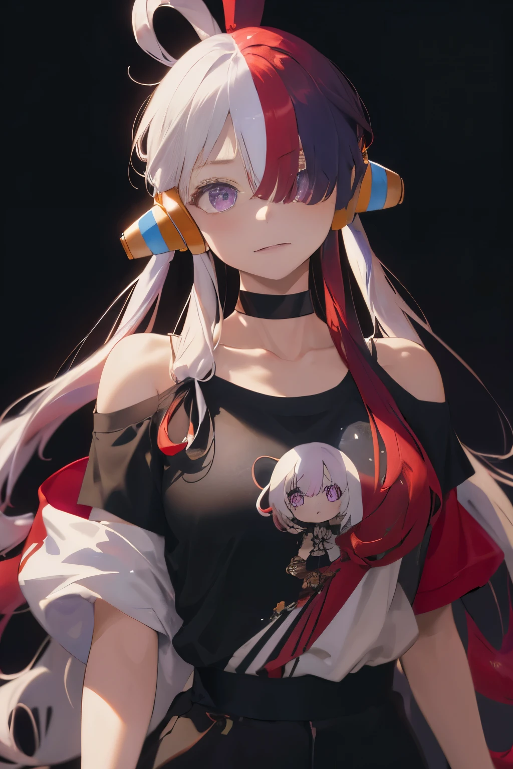 masterpiece, best quality, highres, 1girl, split-color hair, hair over one eye, red hair, multicolored hair, long hair, purple eyes, two-tone hair, hair rings, headphones, white hair, , bangs, very long hair, medium breasts, black t-shirt, shirt, simple baackground, offshoulder, black choker