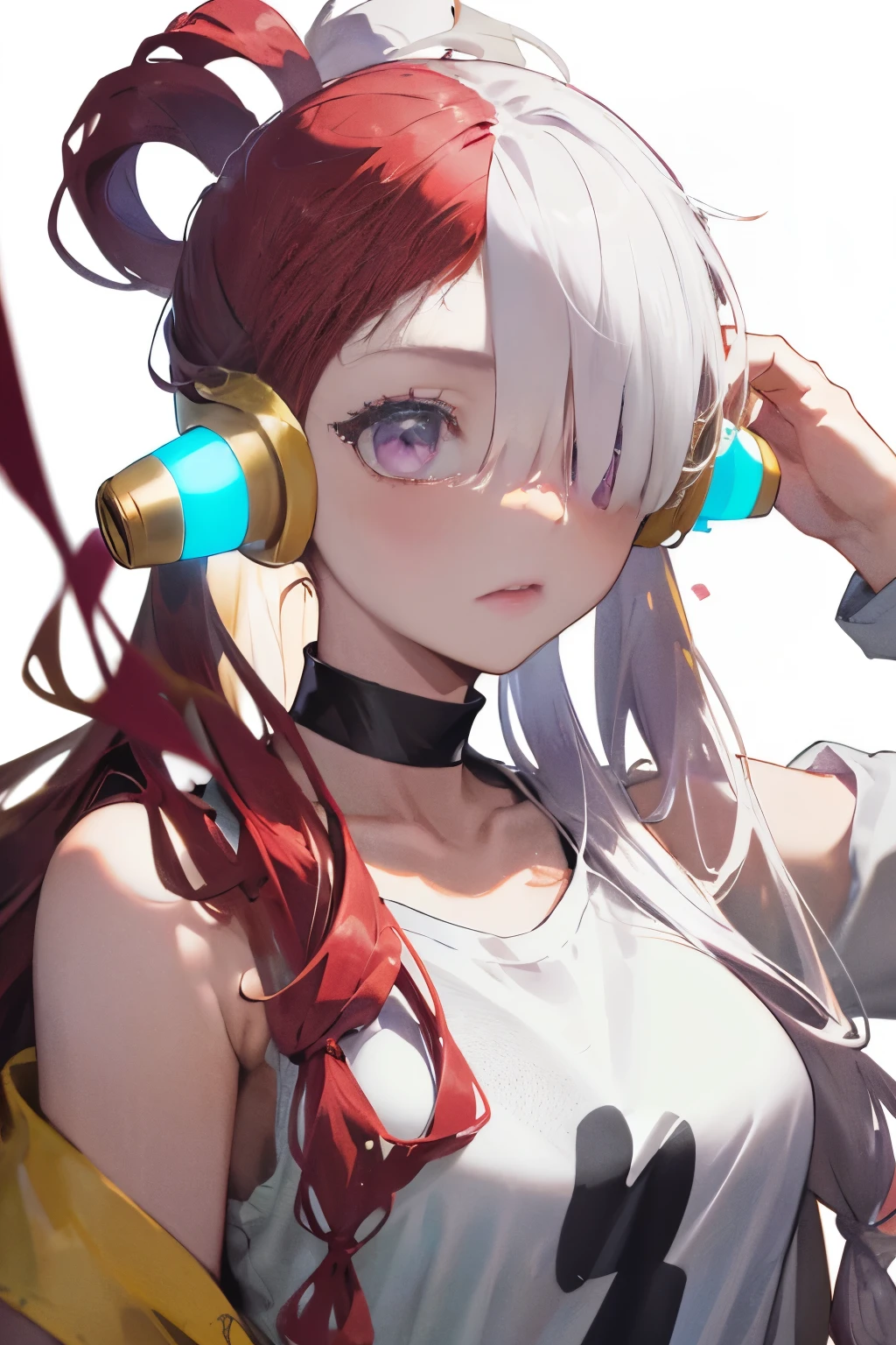 masterpiece, best quality, highres, 1girl, split-color hair, hair over one eye, red hair, multicolored hair, long hair, purple eyes, two-tone hair, hair rings, headphones, white hair, , bangs, very long hair, medium breasts, black t-shirt, shirt, simple baackground, offshoulder, black choker