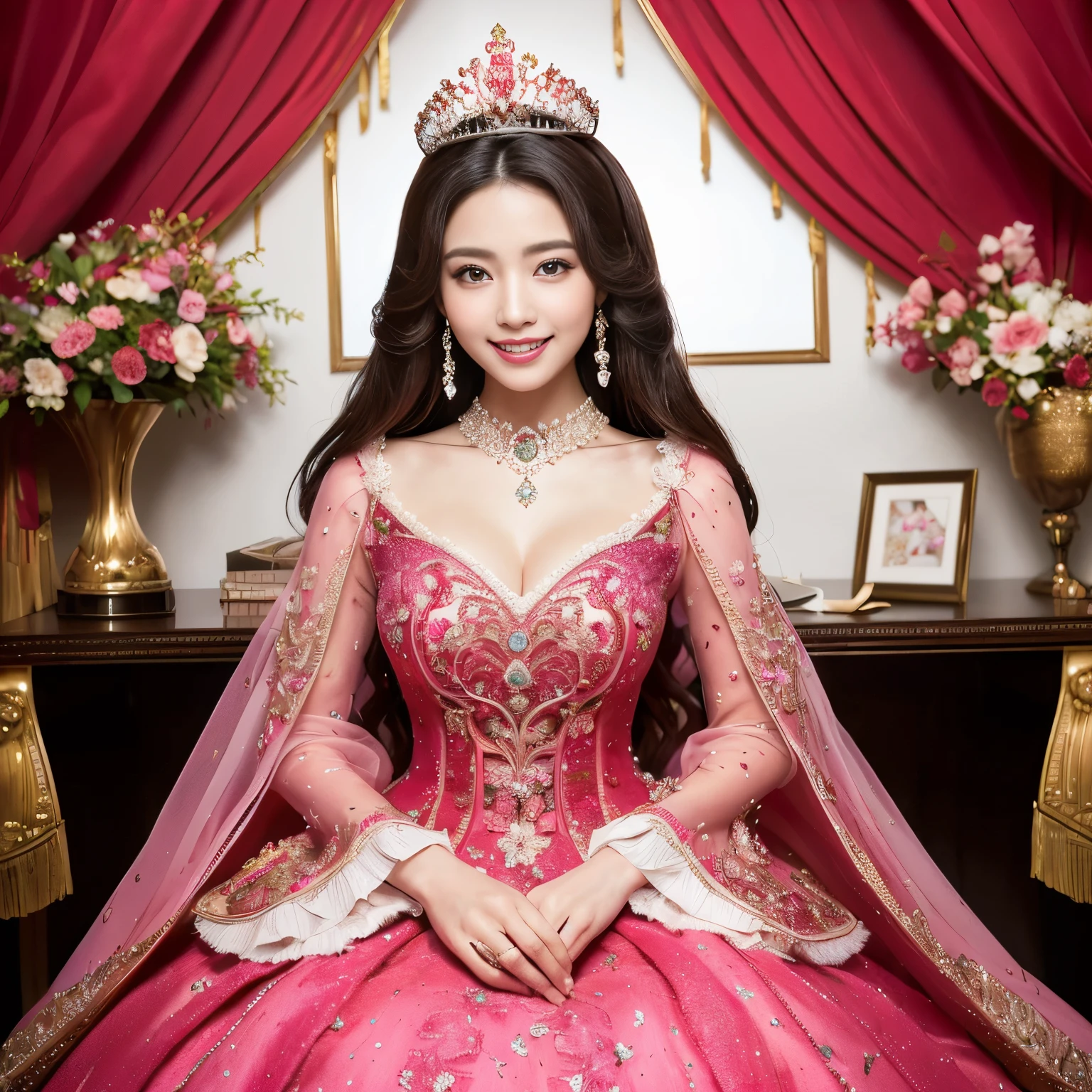 (((highest quality, masterpiece、ultra high resolution、the most complex and detailed depiction、Awards, 8K、bright and vivid)))、((1 Japanese prostitute princess、Ultimate luxury with everything you can imagine、The most gorgeous red and pink whore costume、Red and pink costume、The most detailed and luxurious luxury princess prostitution room、shine intricately,pink and red sparkle、beautiful brown hair、Front fixed、look at me with the best smile))、((the most luxurious prostitution room、top red and pink hooker costume、large amount of jewelry decoration,The largest giant tiara in the world,detailed jewelry,detailed decoration,Glitter Costume,shining jewel、Huge decoration,giant costume,Huge sleeves,artistic decoration,very detailed decoration,very intricate decoration)),(big and full breasts、get used to it、majestic, queen of courtesans, intricate details,realistic,, front close-up, Upright posture, perfect teeth、white teeth、finely描かれた顔、beautiful face、accurately drawn fingers、 professional photos, very delicate and beautiful, very detailed,finely))