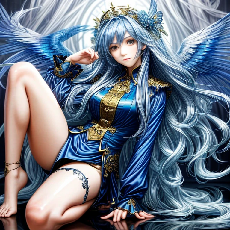 （Enrich the picture，Masterpiece level quality）Beautiful 8K CG artwork，Goddess-like posture，Kneeling exercise，Slim and soft，Translucent skin，Blue hair、The aesthetic look of extra-long hair and messy hair，The skin is fair and juicy，Big JK Uniform，Perspective Part 1.2x enhanced silhouette effect，Exquisite transparent blues pattern in pajamas，The details are intricate and exquisite，The background is slightly blurred，Charming and lustful leg seduction，Drool，Extra-large big breasts，Blush，